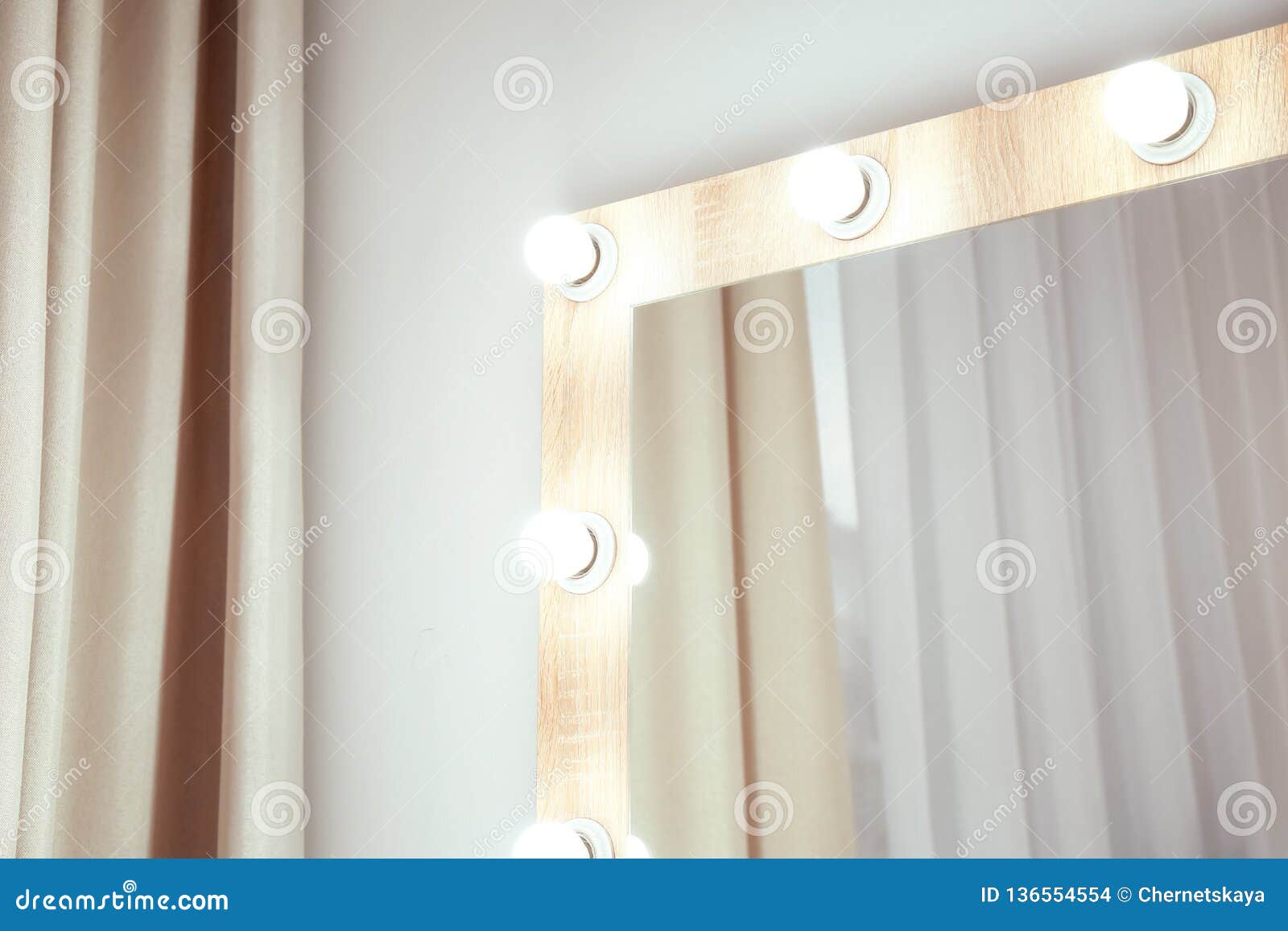 Makeup Mirror Near White Wall in Dressing Room. Stock Photo Image of