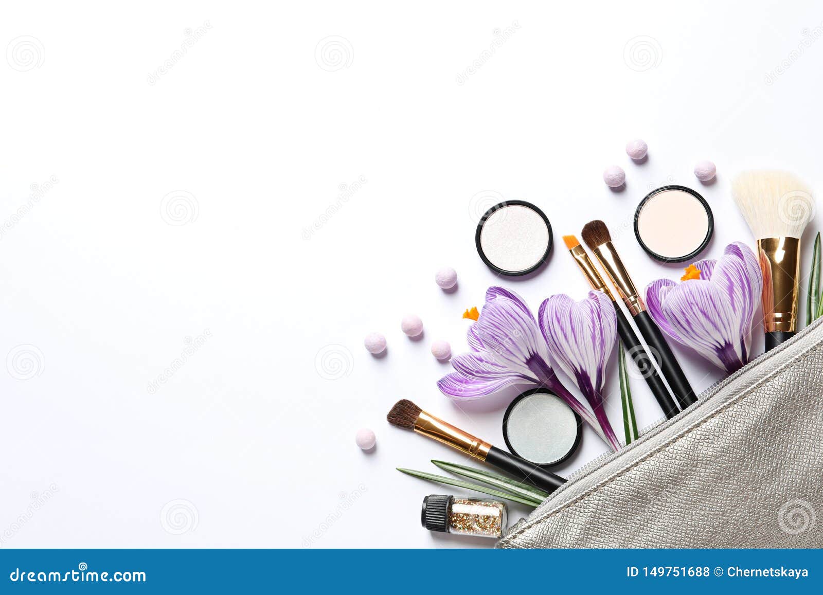 Download Makeup Products, Flowers And Cosmetic Bag, Top View Stock ...