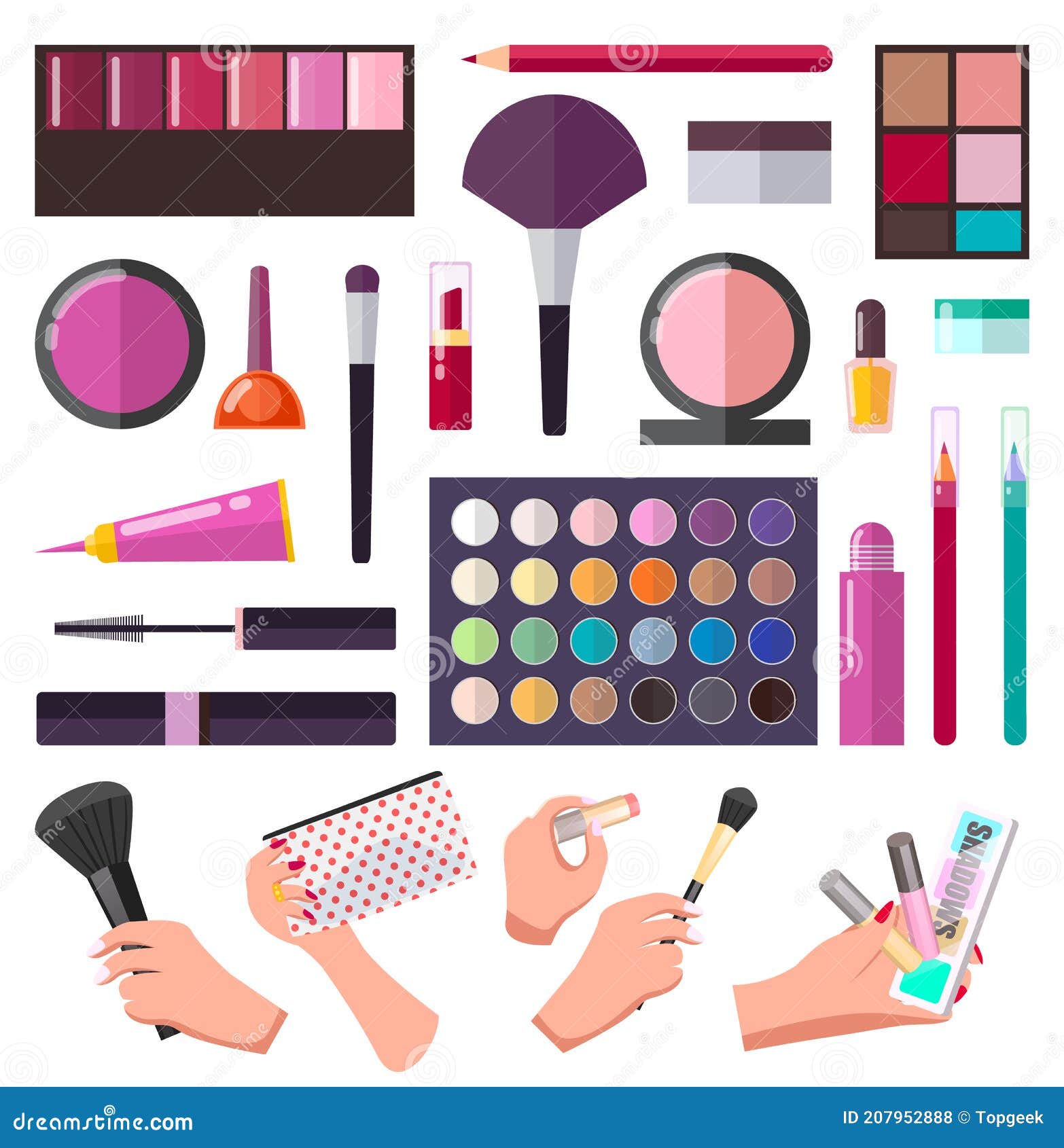 Makeup Set, Different Tools or Instruments for Female Hands with Cosmetics Stock Illustration - of lipstick: 207952888