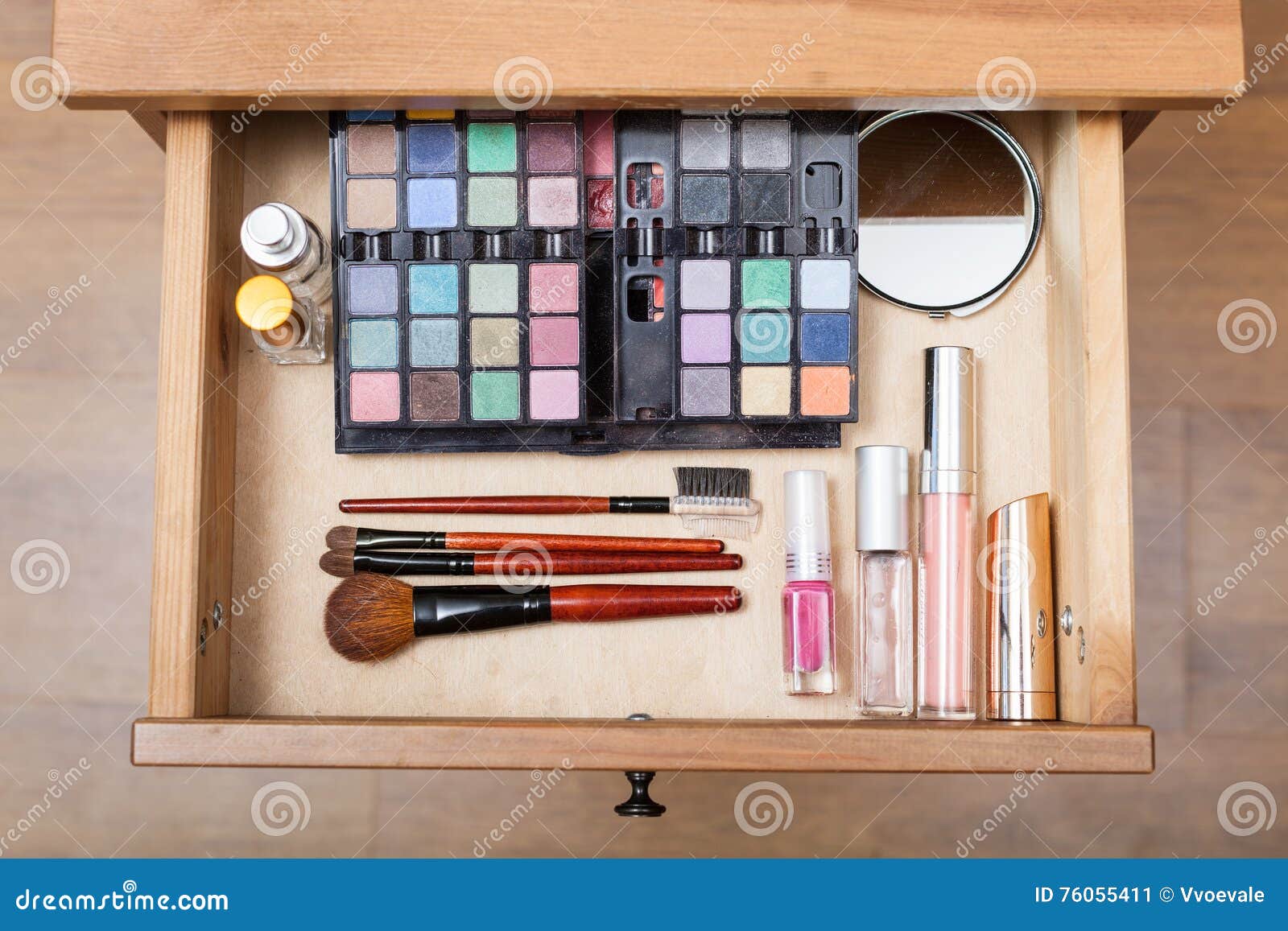 Makeup set in open drawer stock image. Image of cosmetics 76055411