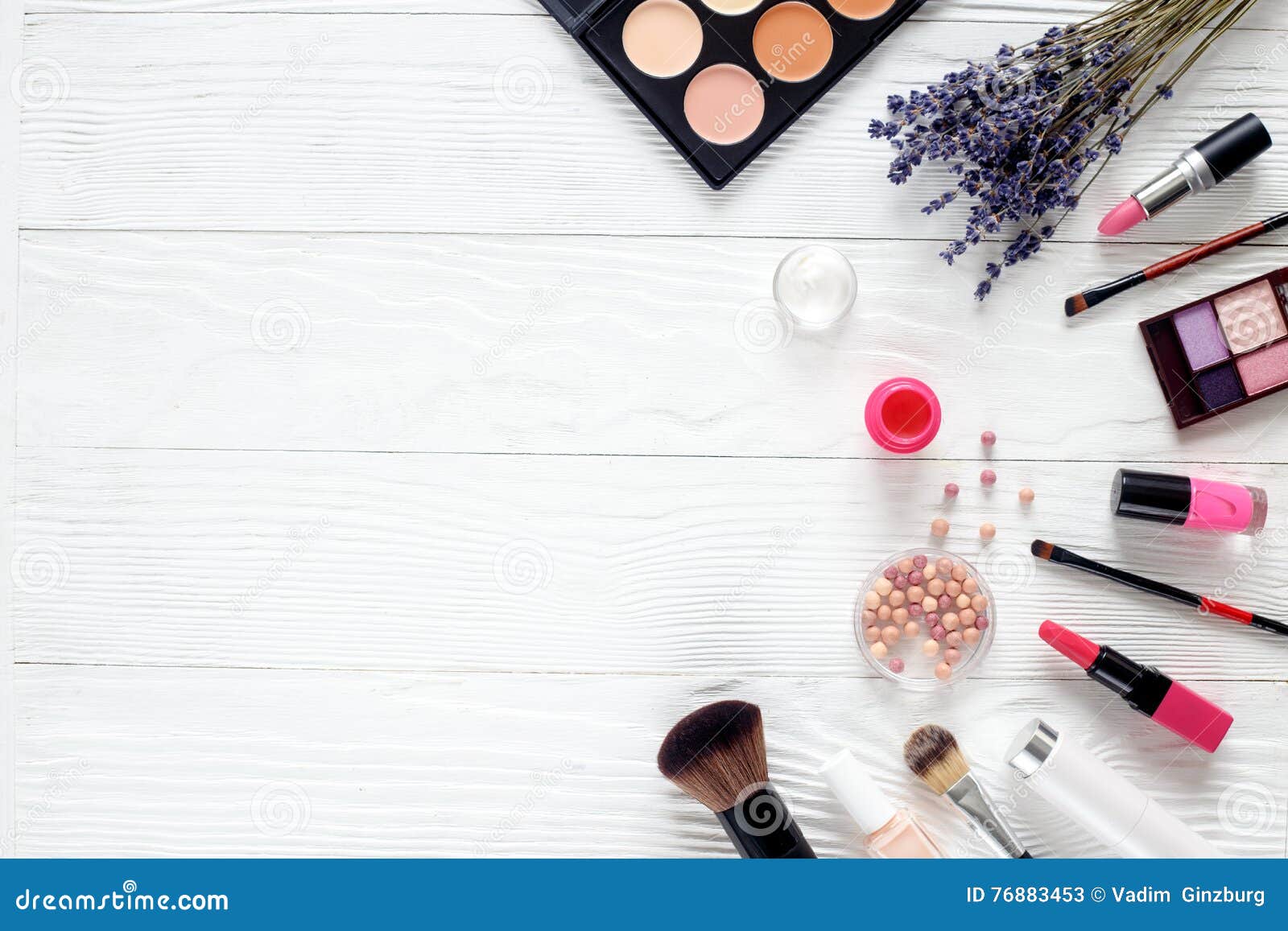 Makeup Set on Wooden Table with Lavender Top View Stock Image - Image ...