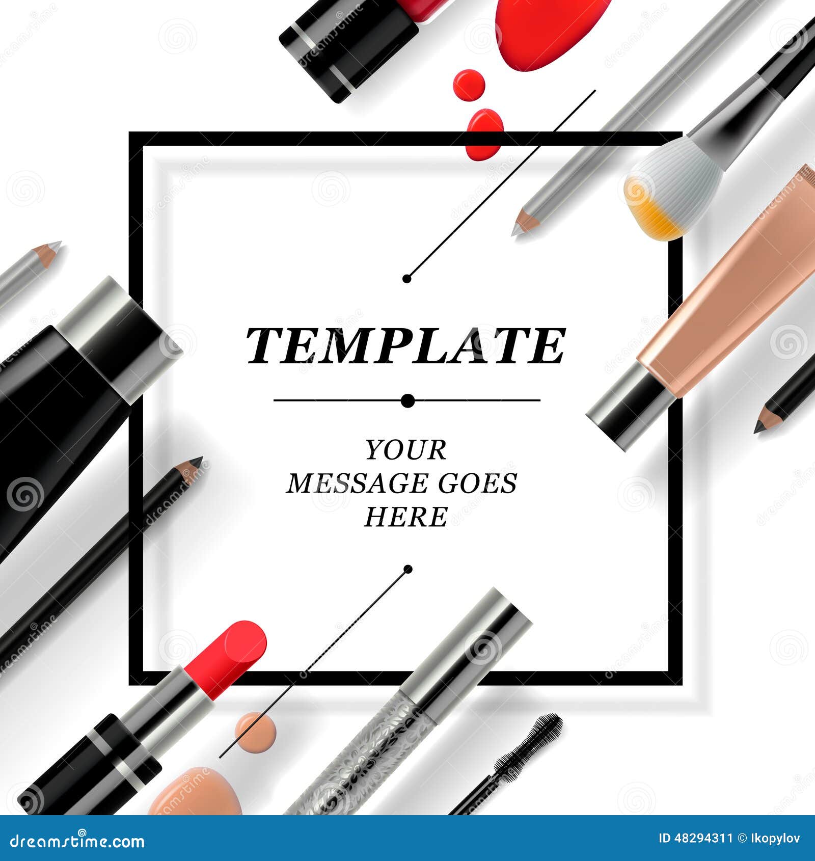 makeup template with collection of make up cosmetics and accessories