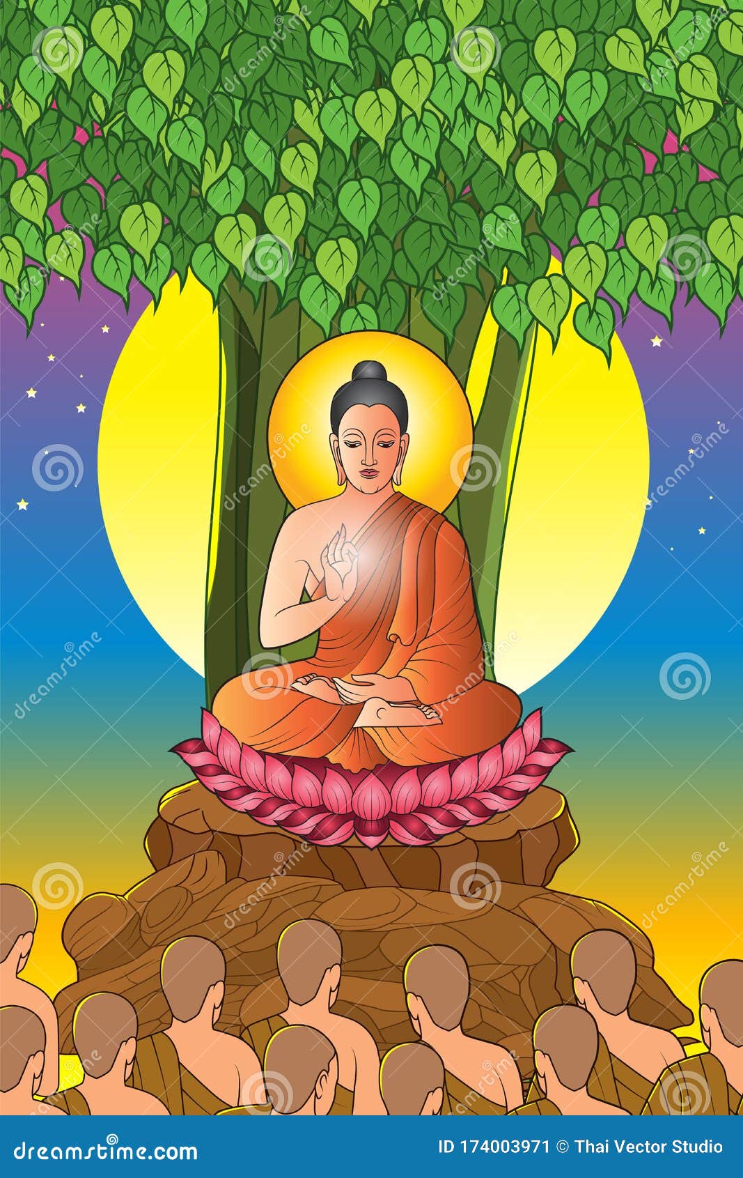 Makha Bucha Day, Buddha Sitting Under the Bodhi Tree Stock Illustration ...