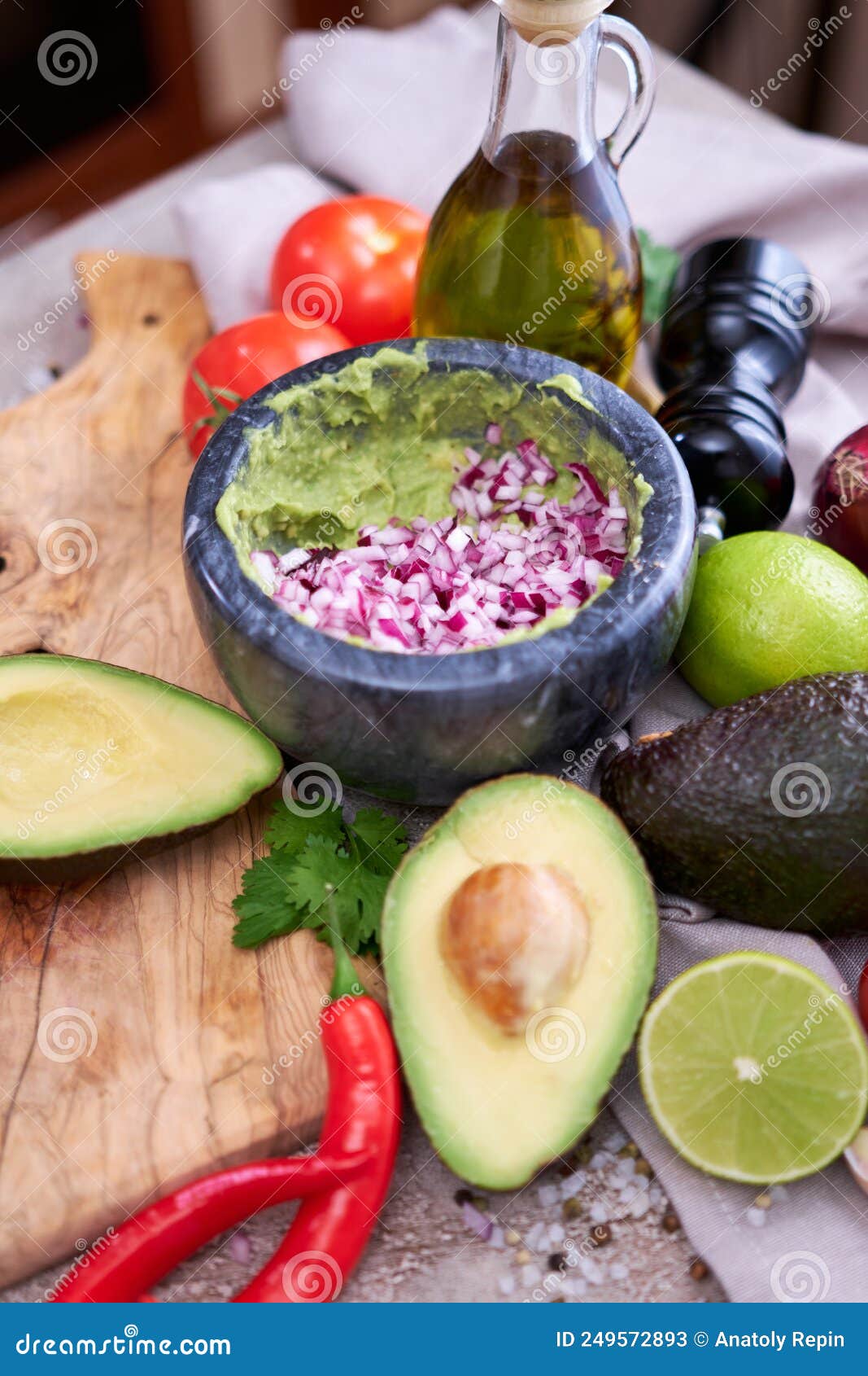 Making Guacamole Crushed Avocado in Marble Mortar and Ingredients Stock Image Image of