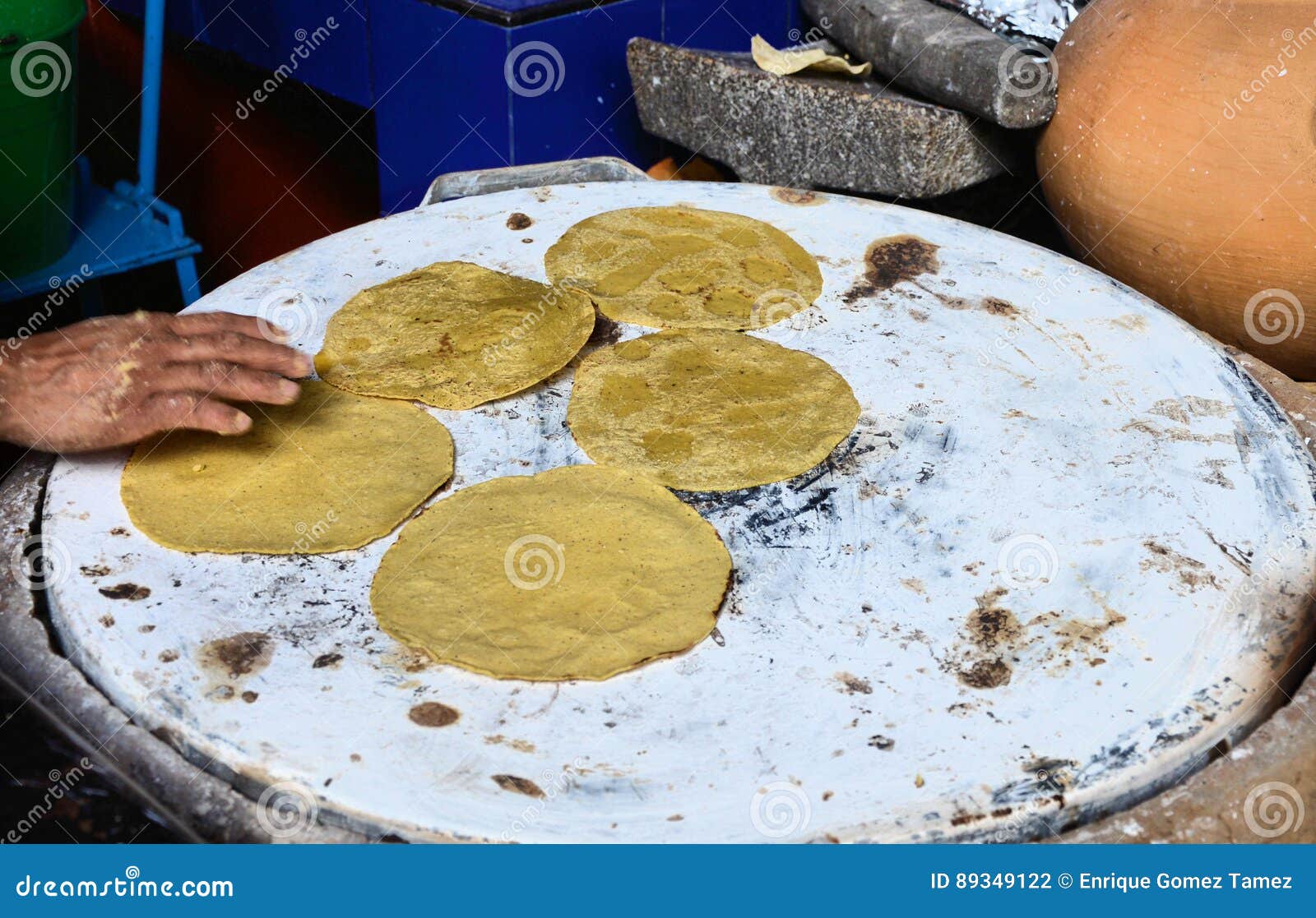 Handmade Tortillas Cooking on the Comal in Guatemala Stock Photo