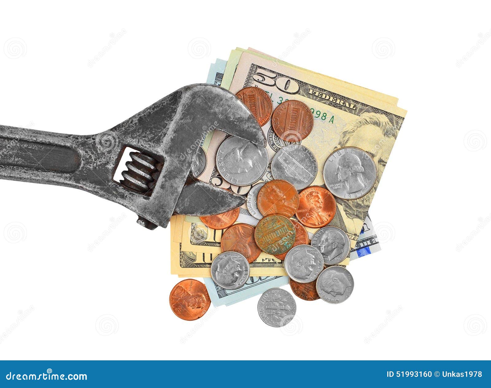 Making money, dollar and wrench. Coin, dollar and wrench, isolated on white background