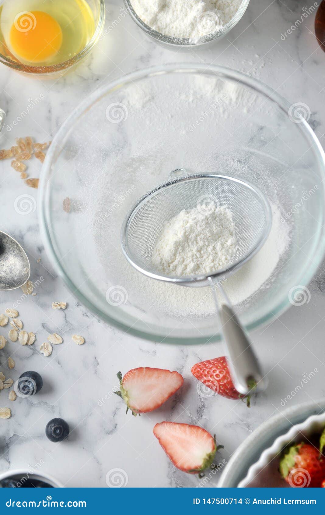 Making Pancakes, Cake, Baking of Baker Hands Sifting Flour in Bowl