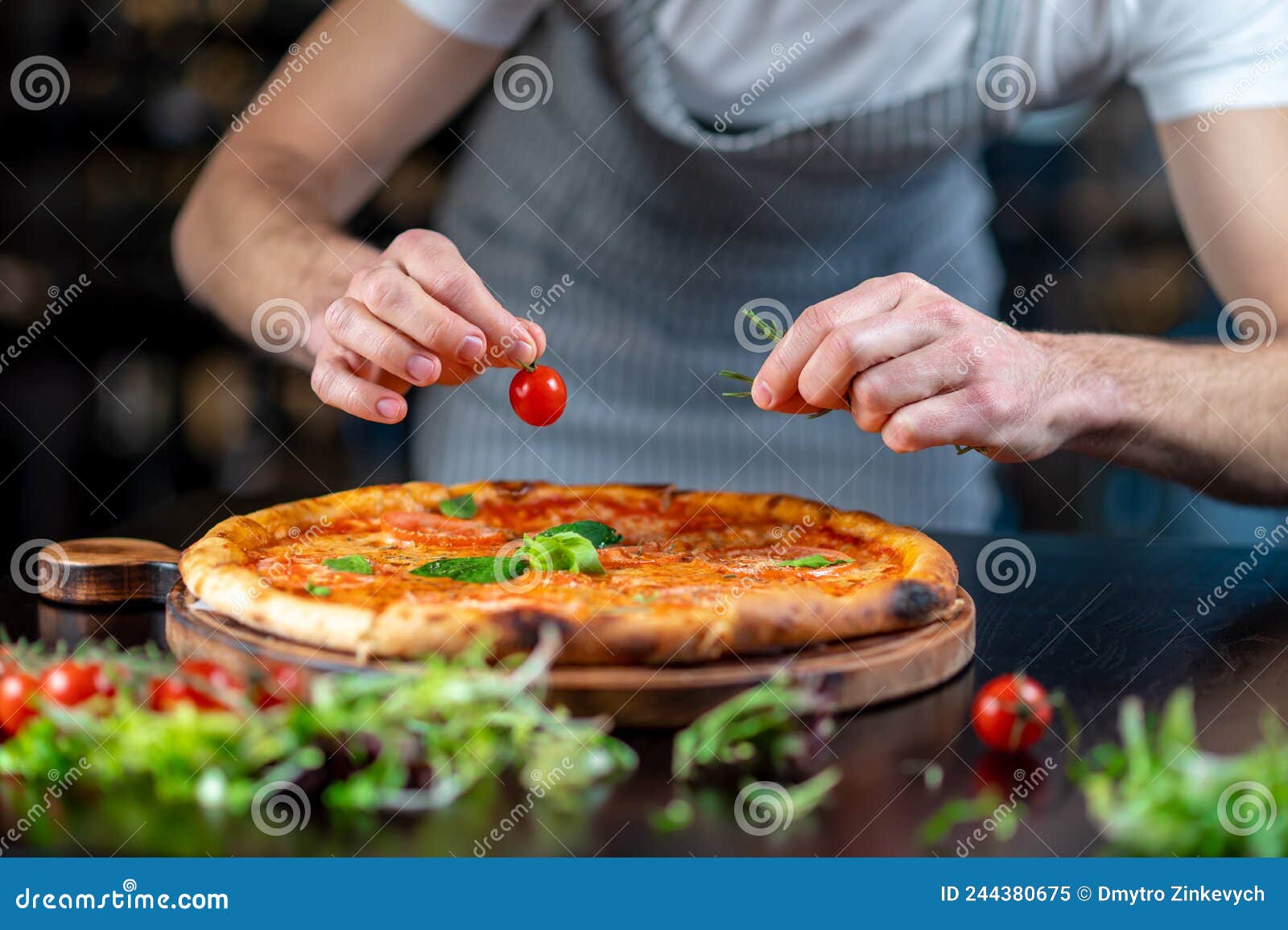 A Chef Making Topping on a Italian Pizza Stock Image - Image of topping ...