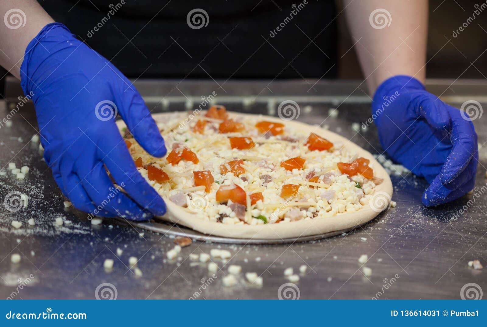 Making Pizza in a Restaurant, Chef Hands in Gloves Stock Image Image