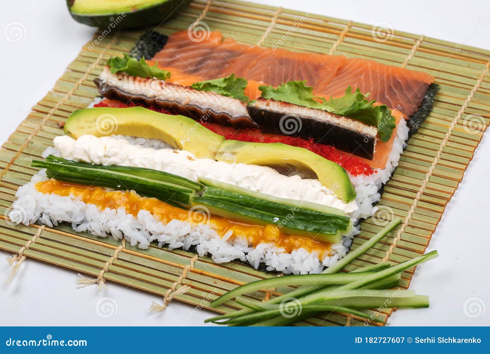 Making Rolled Sushi in a Bamboo Sushi Mat Stock Image Image of ginger