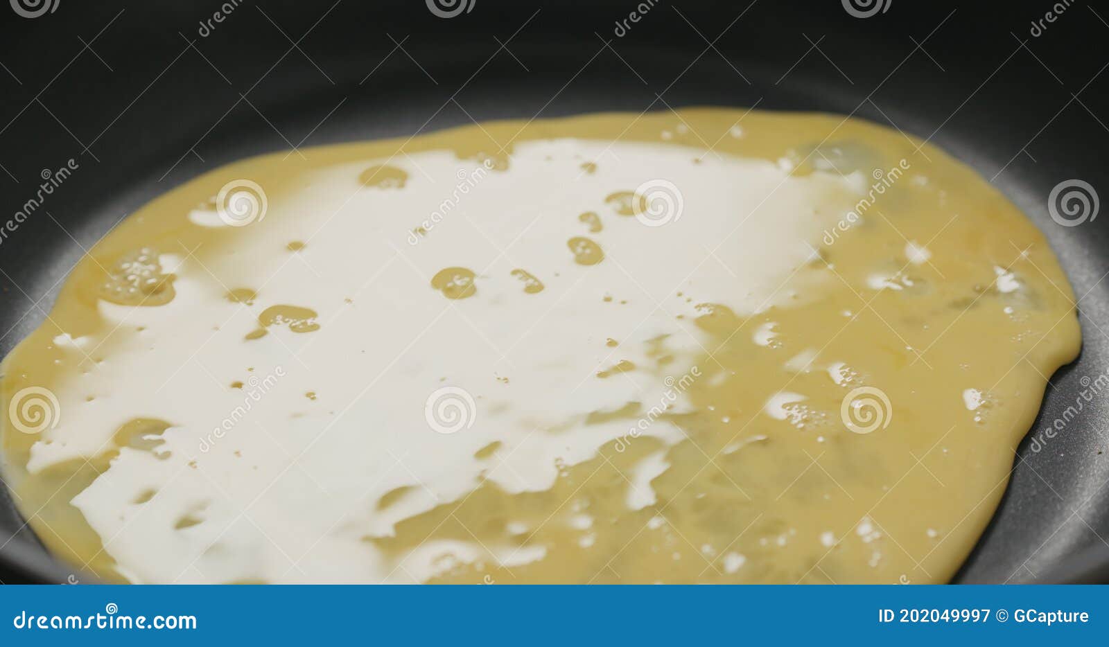 Making Scrambled Eggs, Pour Egg Mixture on Nonstick Pan Stock Image