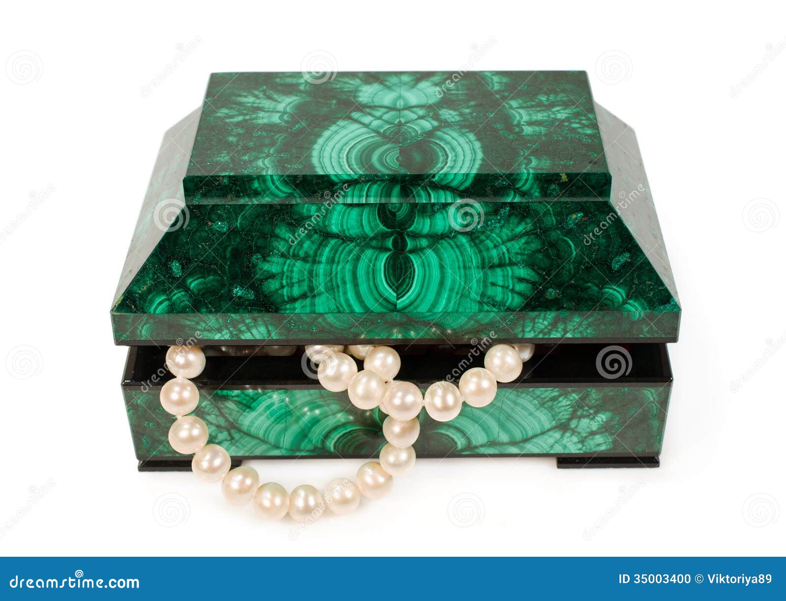 Malachite treasure-box with a pearl necklace isolated on white