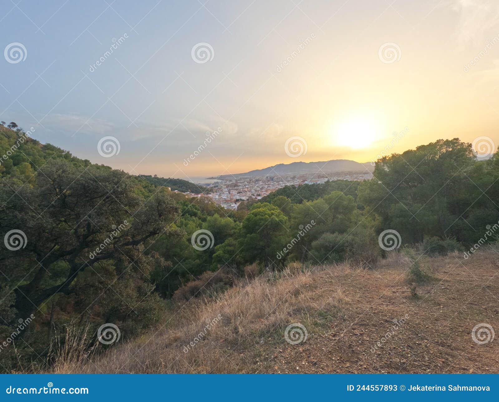 malaga old town and historical city center panoramic view with sierra de mijas mountain range from monte victoria, spain, europe