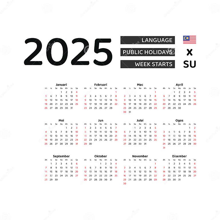 Malaysia Calendar 2025. Week Starts from Sunday. Vector Graphic Design ...