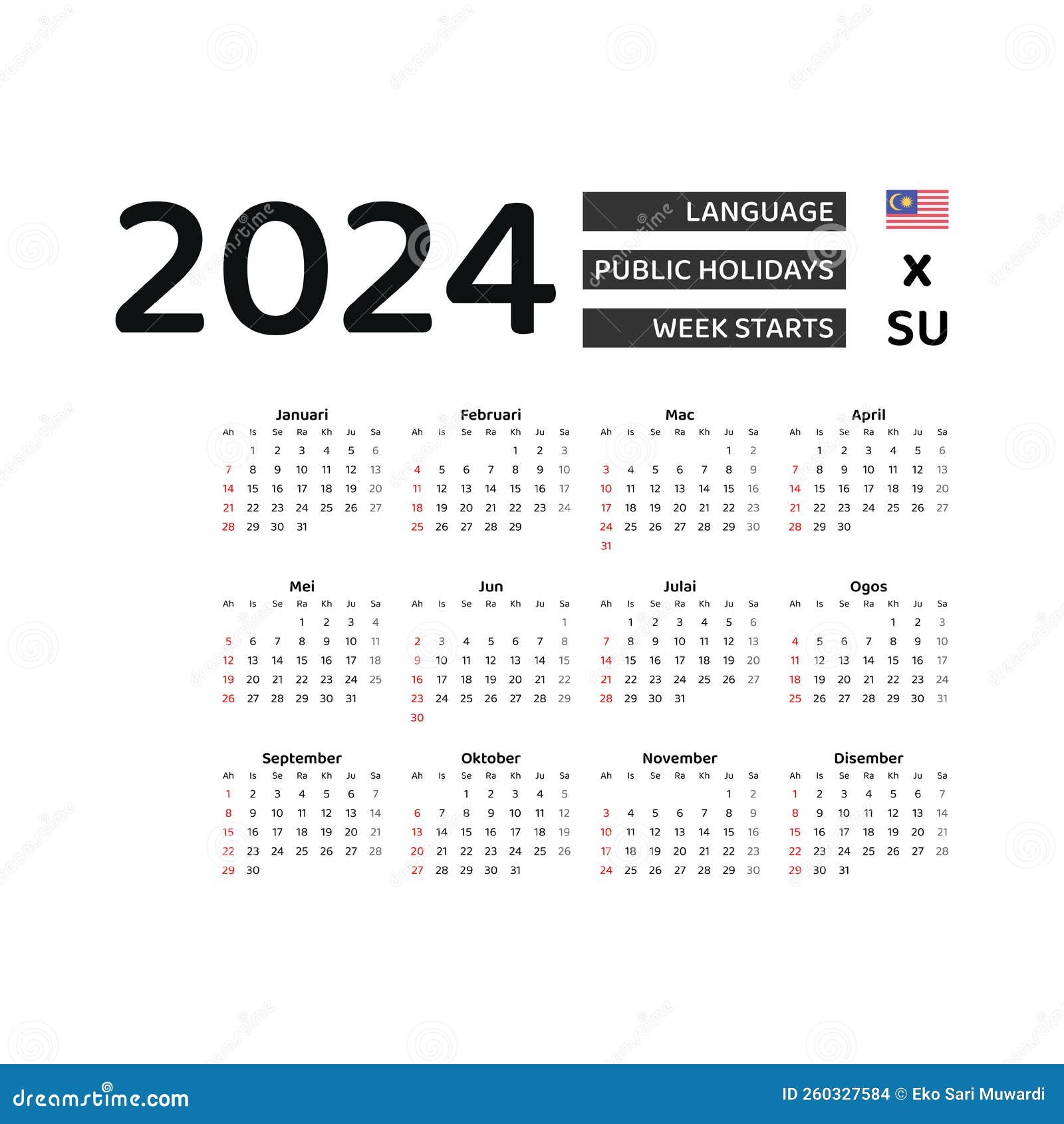 Malaysia Calendar 2024. Week Starts from Sunday. Vector Graphic Design