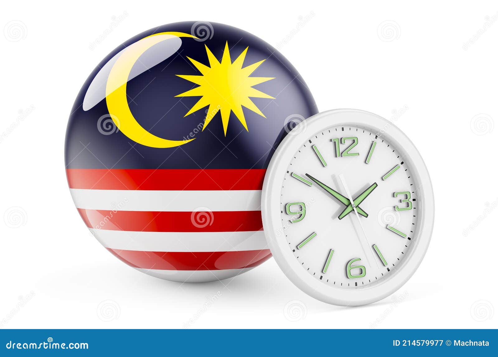 Malaysian Flag with Clock. Time in Malaysia, 3D Rendering Stock