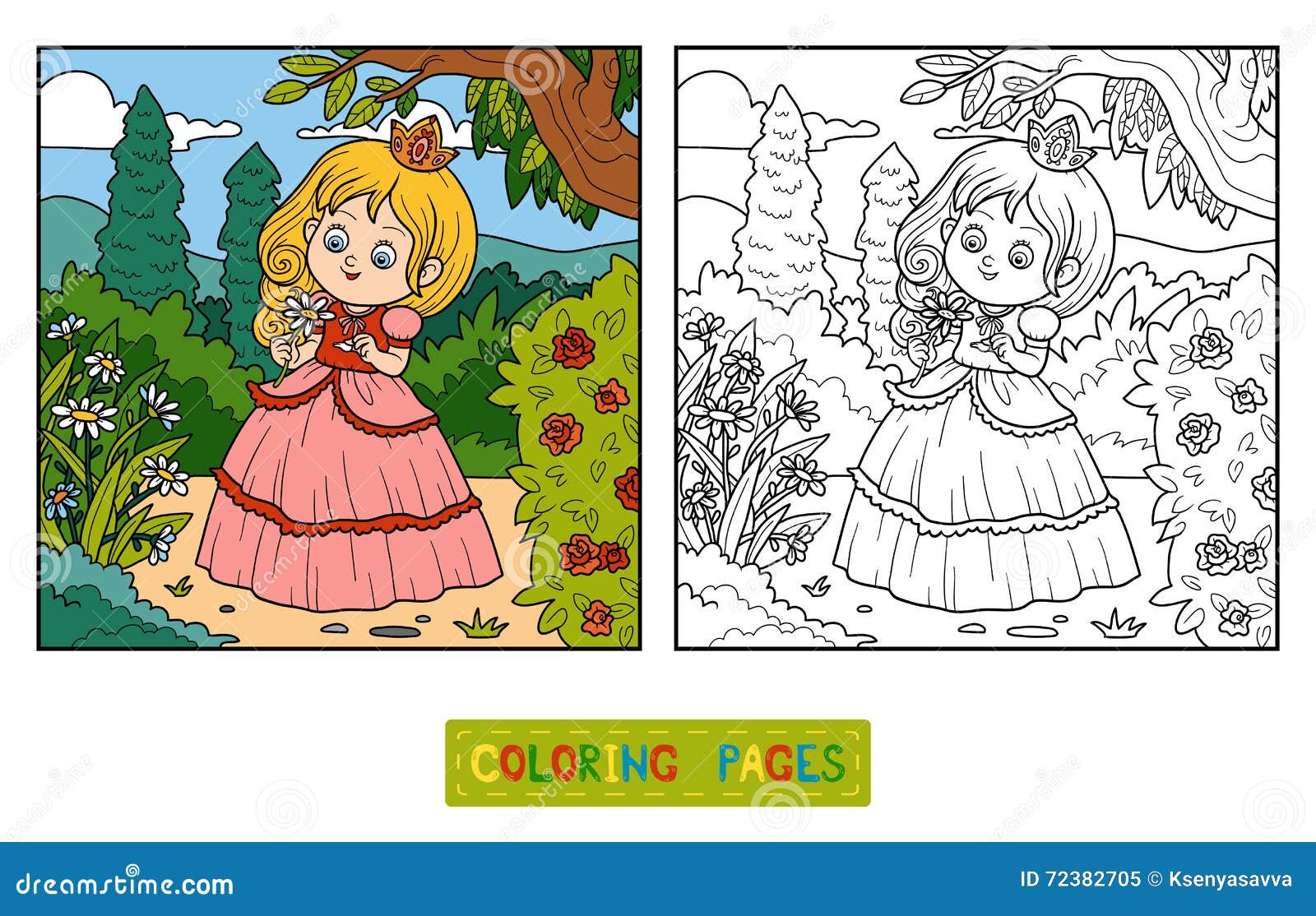 Malbuch, Kleine Prinzessin Mit Einer Blume Im Garten Vektor Abbildung