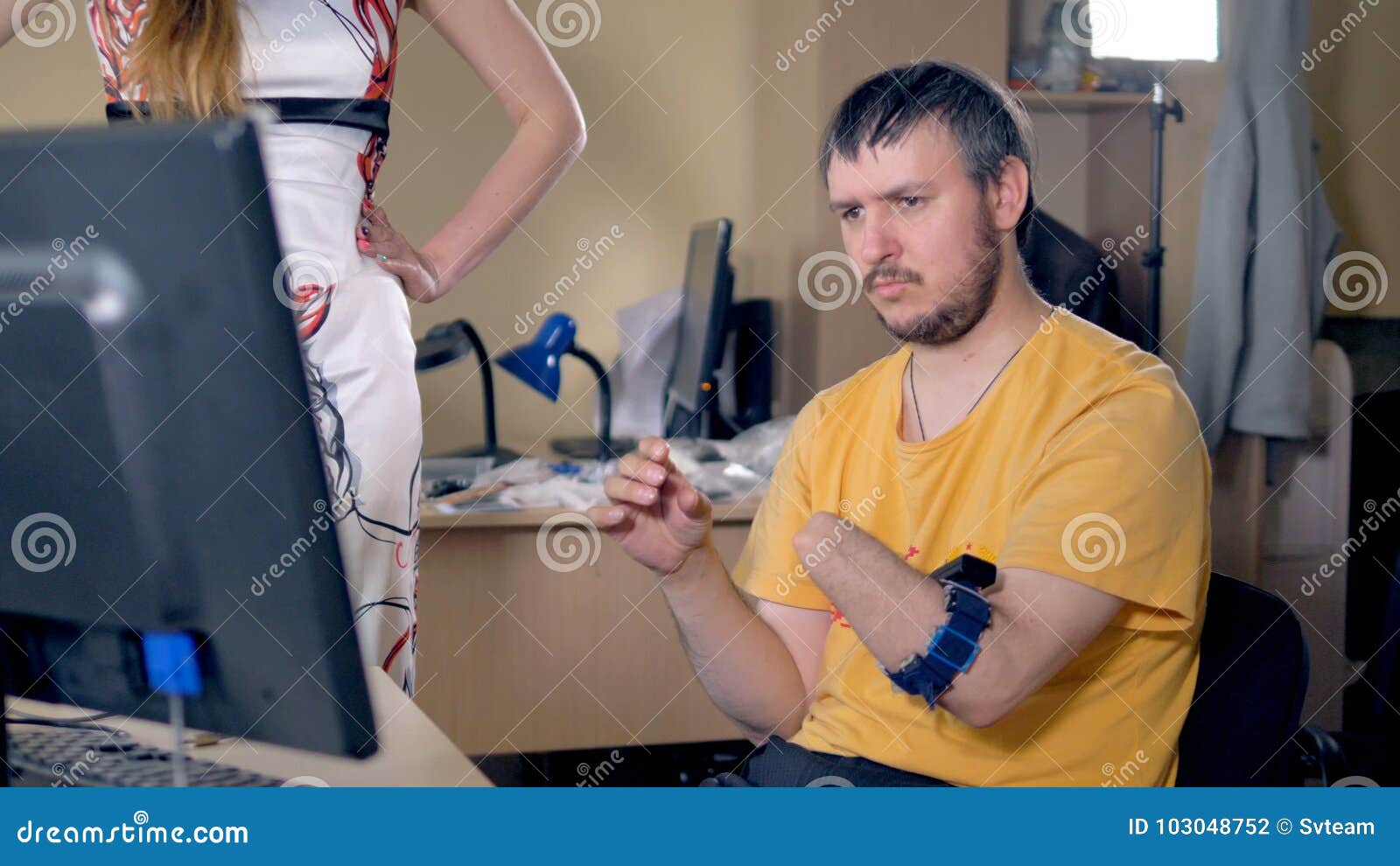 Male with the Amputated Arm Using Computer with Wireless Technology. 4K