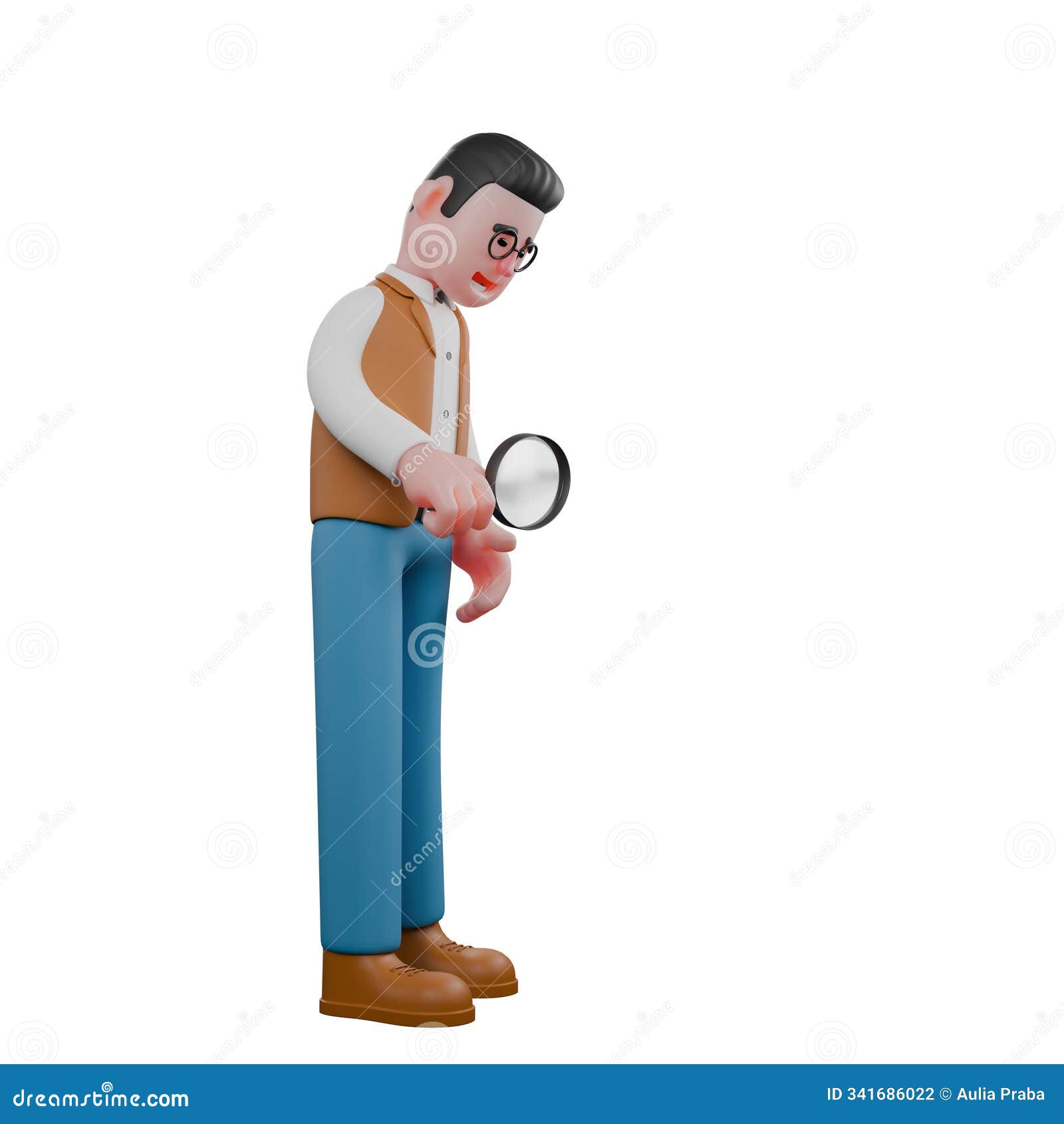 a male anthropologist stands with his head down and holding a magnifying glass