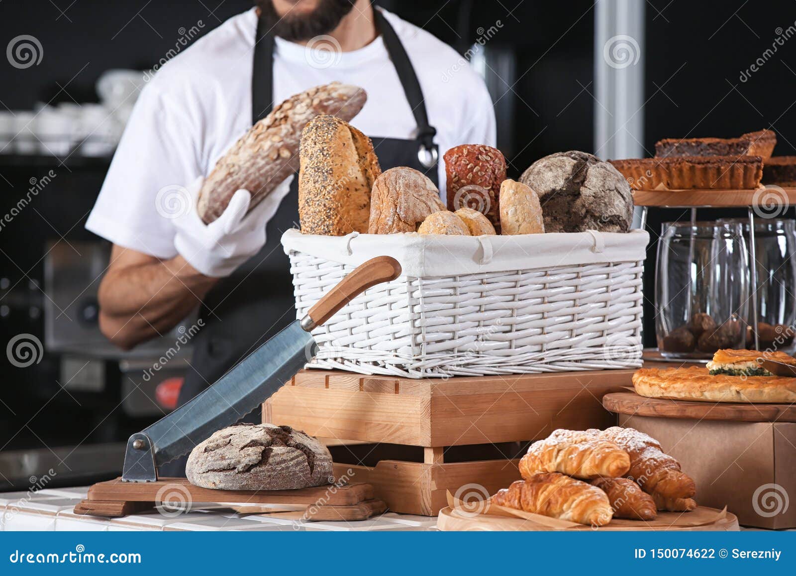Male Bakery with Fresh Bread in Shop Stock Photo Image of background