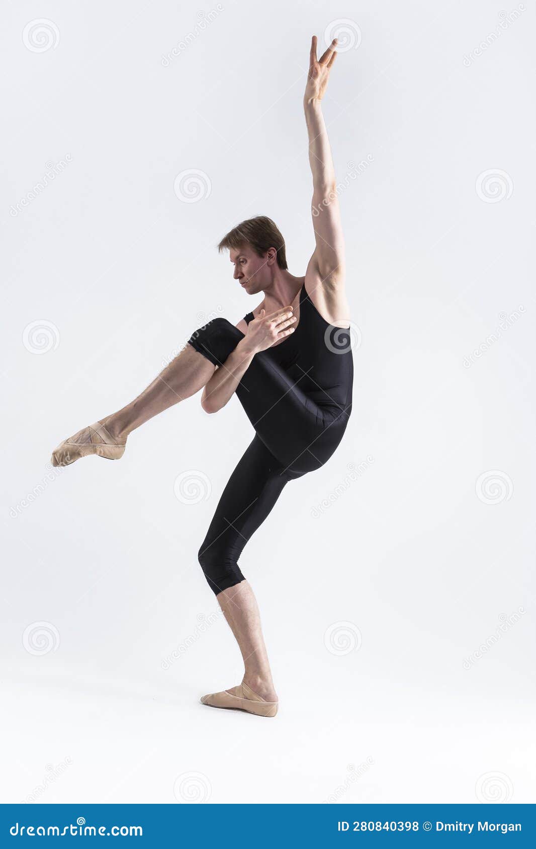 Male Ballet Dancer Man in Black Dance Suit Tights Posing in Ballanced ...
