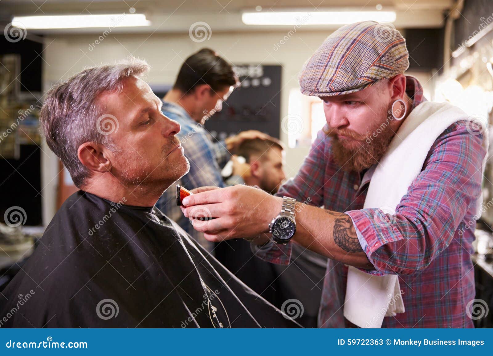 Male Barber Giving Client Shave in Shop Stock Image Image of hair
