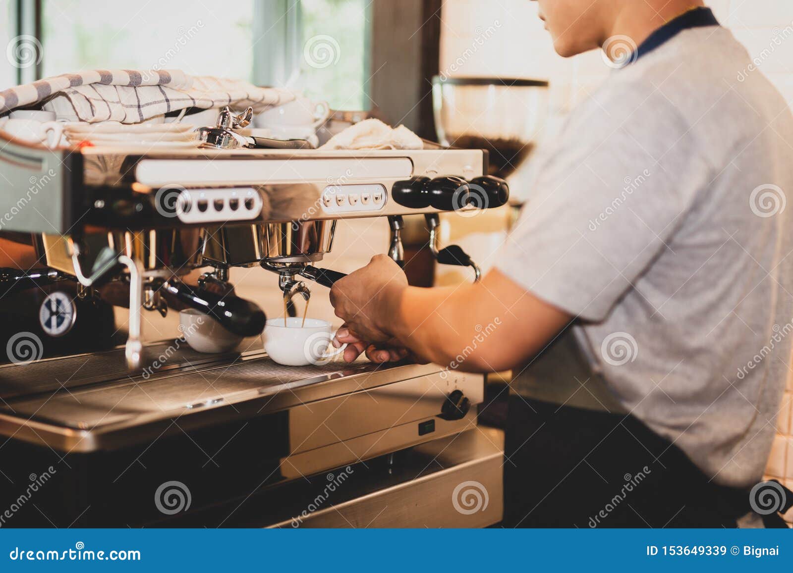 Male Barista Preparing Coffee for the Client. Stock Image Image of