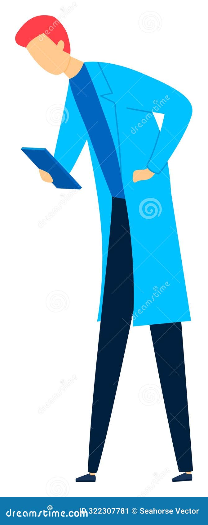 male blue lab coat red hair studying electronic tablet  white background. young scientist