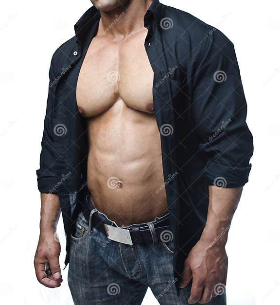 Male Bodybuilder In Jeans And Open Shirt Revealing Pecs And Abs Stock Image Image Of Open 