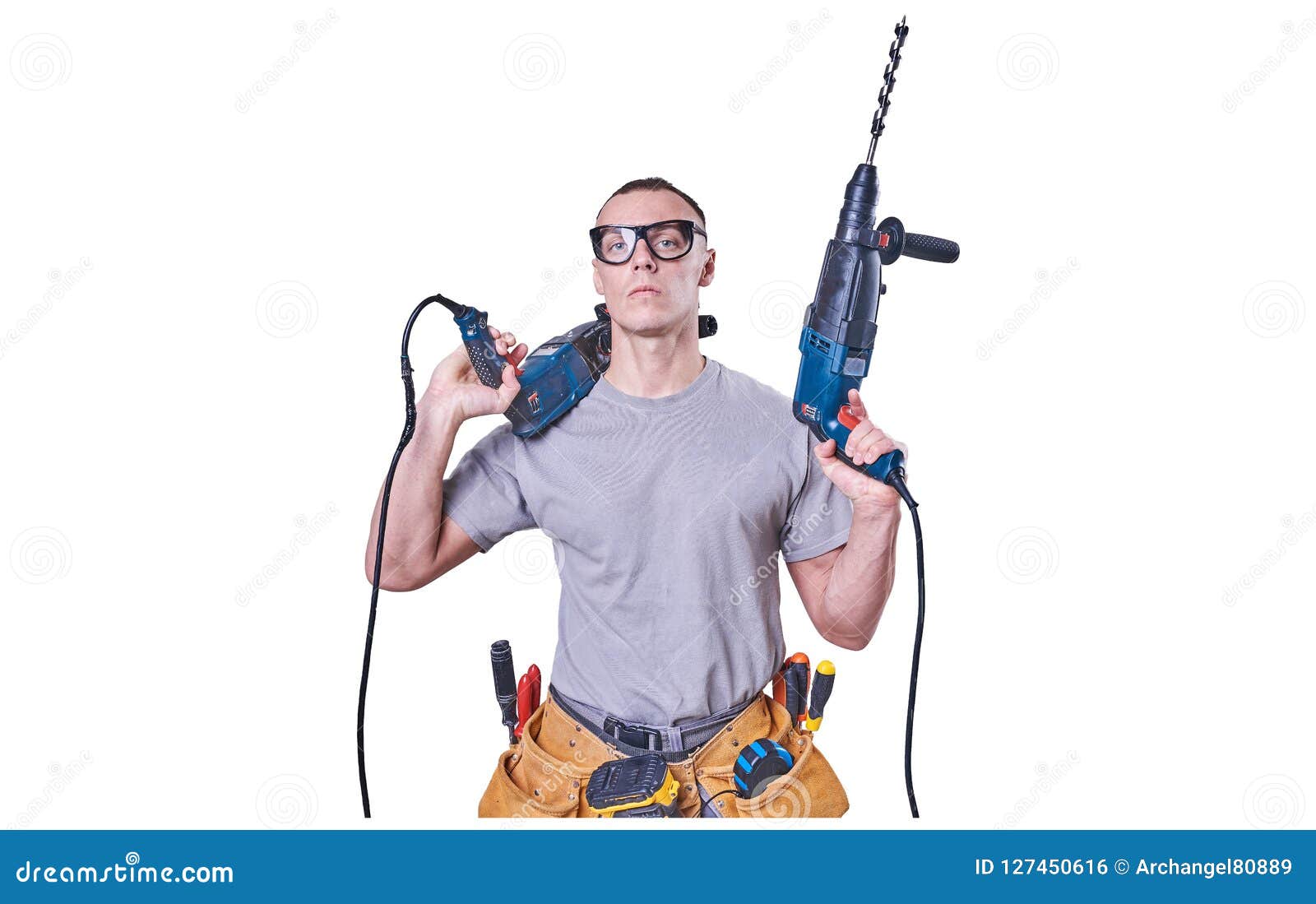 Male Builder Holding Hands Two Drills, Isolated on White Background ...