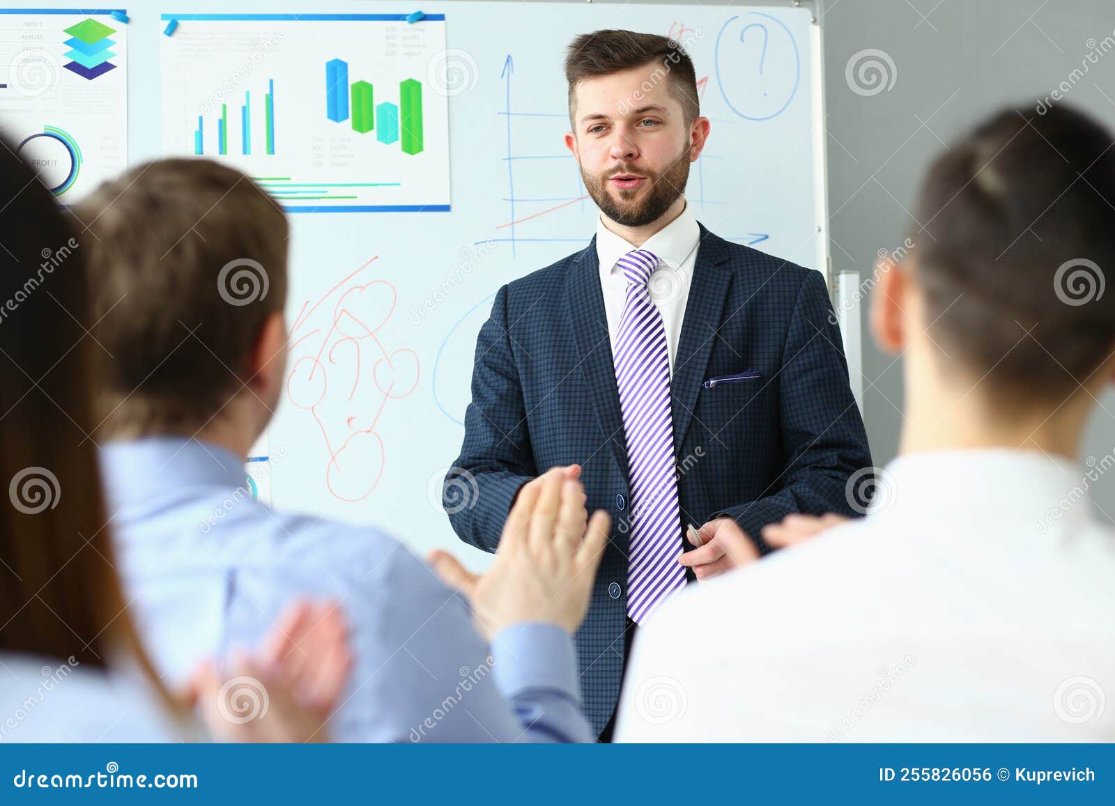 Male Business Coach Speaker in Suit Makes Presentation Stock Photo ...