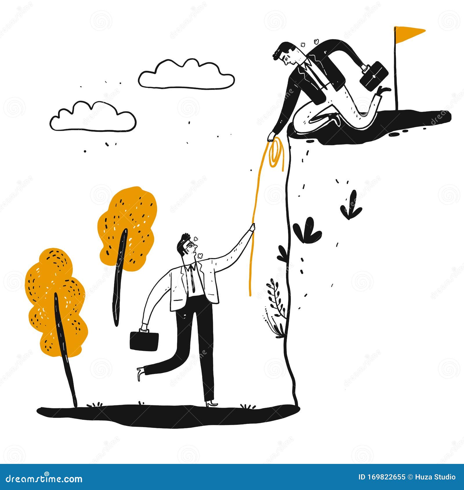 A Male Business Man is Helping a Man To Climb a Steep Cliff with a Long Rope  Stock Vector - Illustration of communication, climb: 169822655
