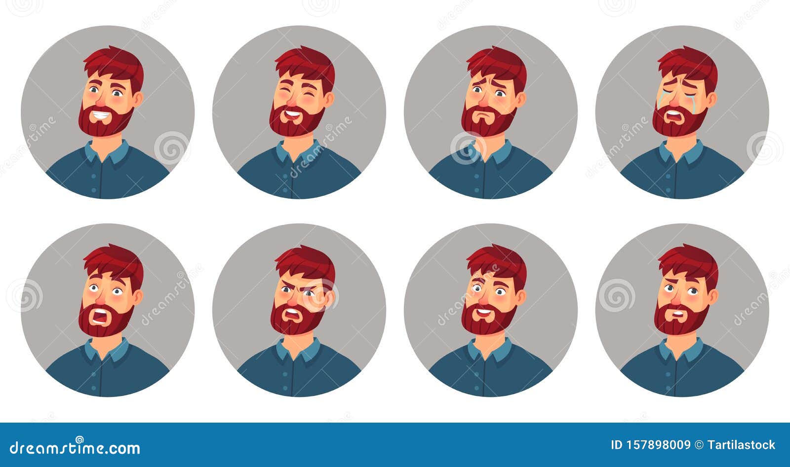 male character facial emotions. happy smiling man face, angry expression and different emotion faces cartoon 