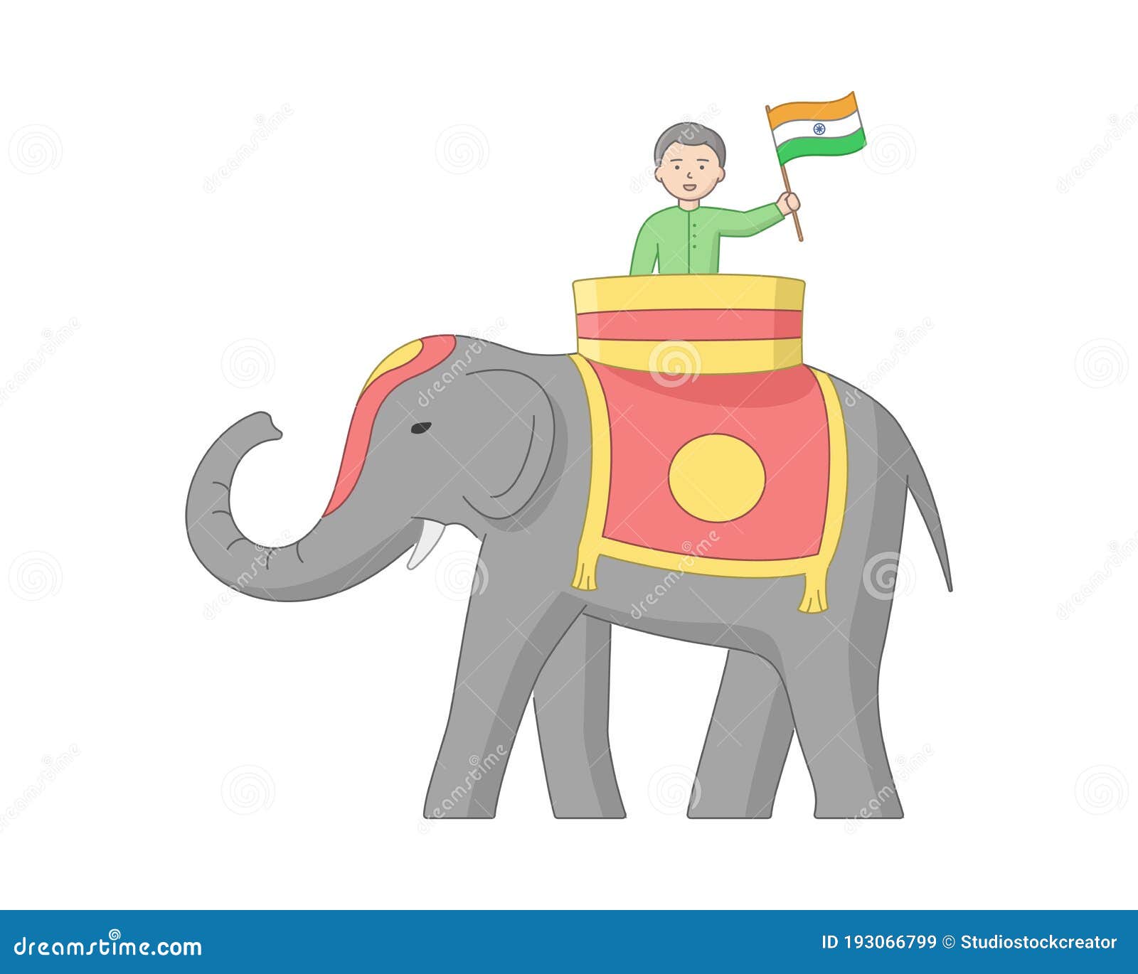 male character with flag of india in his hand riding an elephant. indian man and animsl with outline. cartoon 