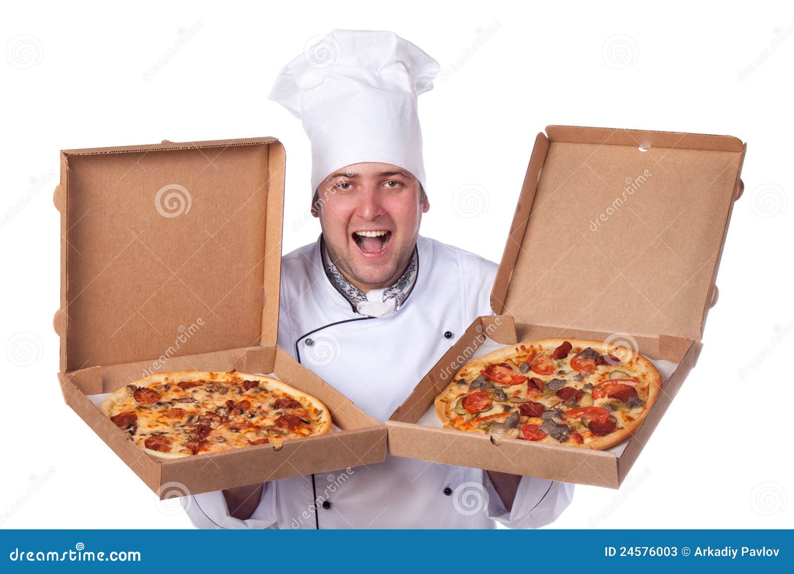 Male Chef Holding Open Two Boxes of Pizza Stock Image - Image of  professional, pastry: 24576003