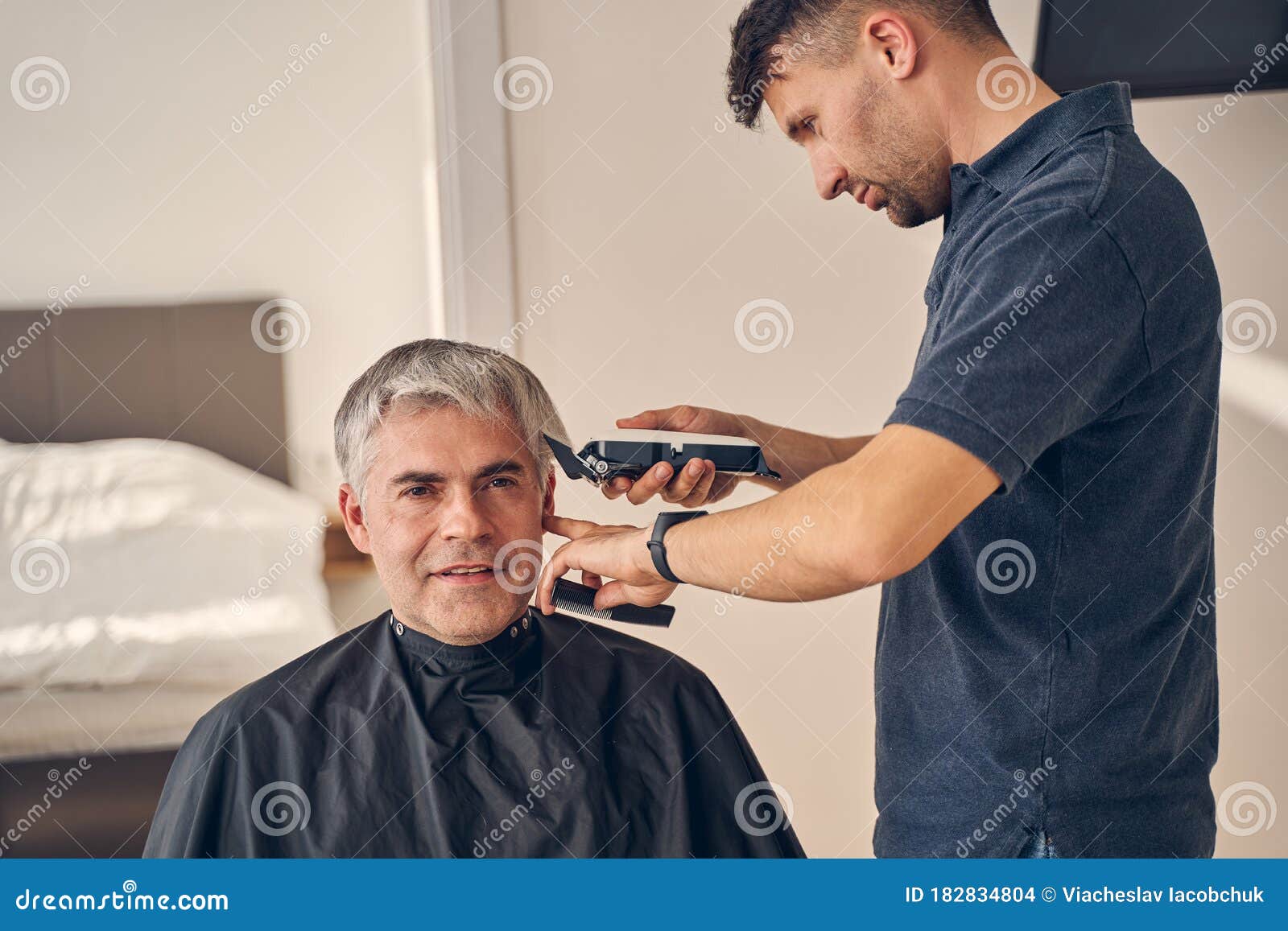Male Client Getting Haircut by Hairdresser at Home Stock Photo - Image of  barber, indoors: 182834804
