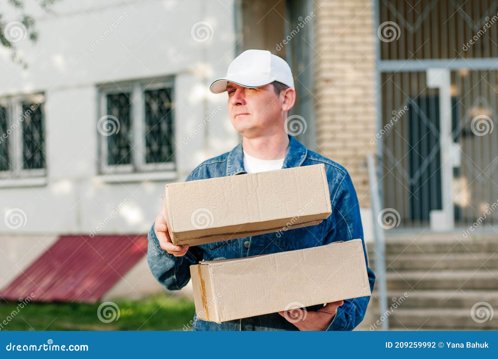 male courier in the blue costume and a cap taking out mail carton boxes from the white van on the sunny day in the street. outdoor
