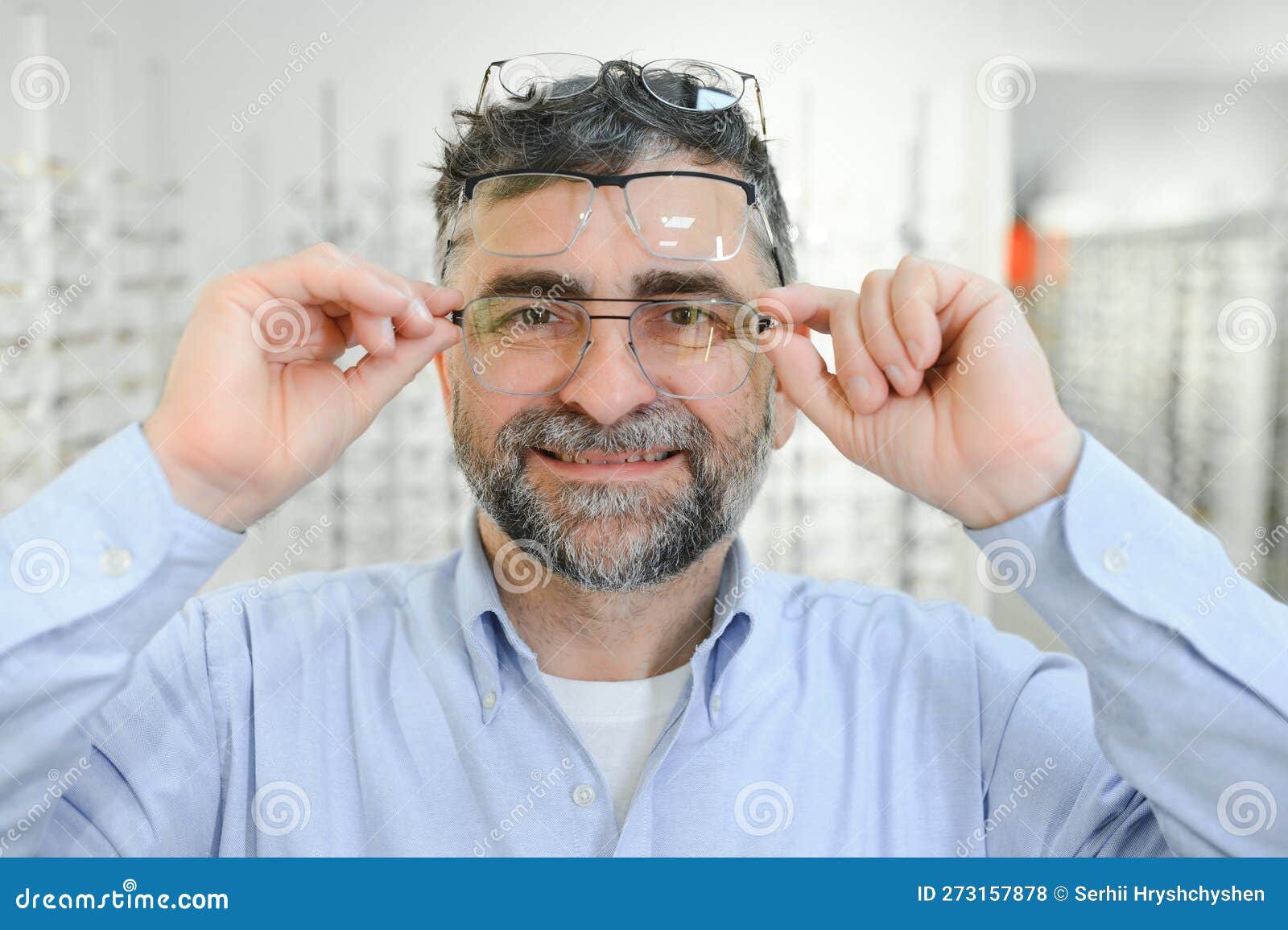 Male Customer Choosing Glasses in Optics Store Stock Photo Image of