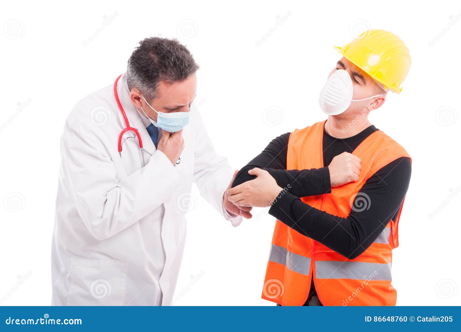 Male Doctor Checking Constructors Elbow Like Consultation Stock Photo