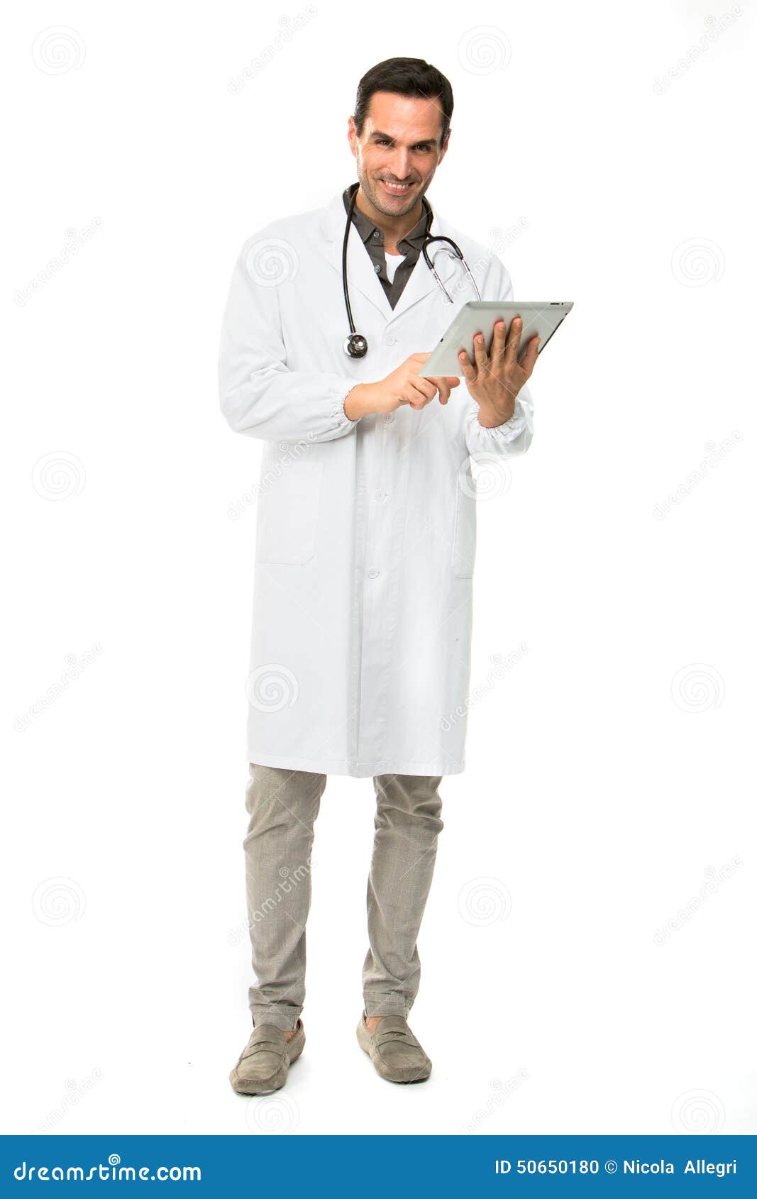 male doctor with stethoscope and digital tablet
