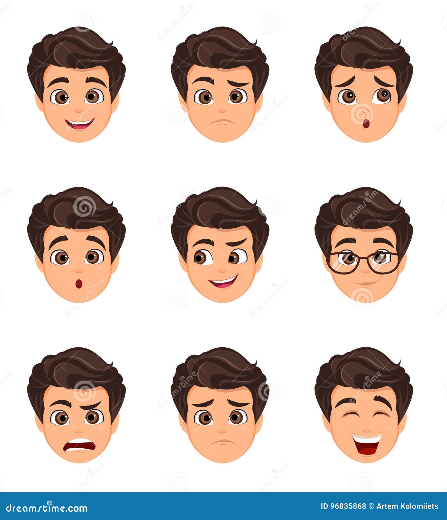 male emotions set. facial expression. cartoon character with var