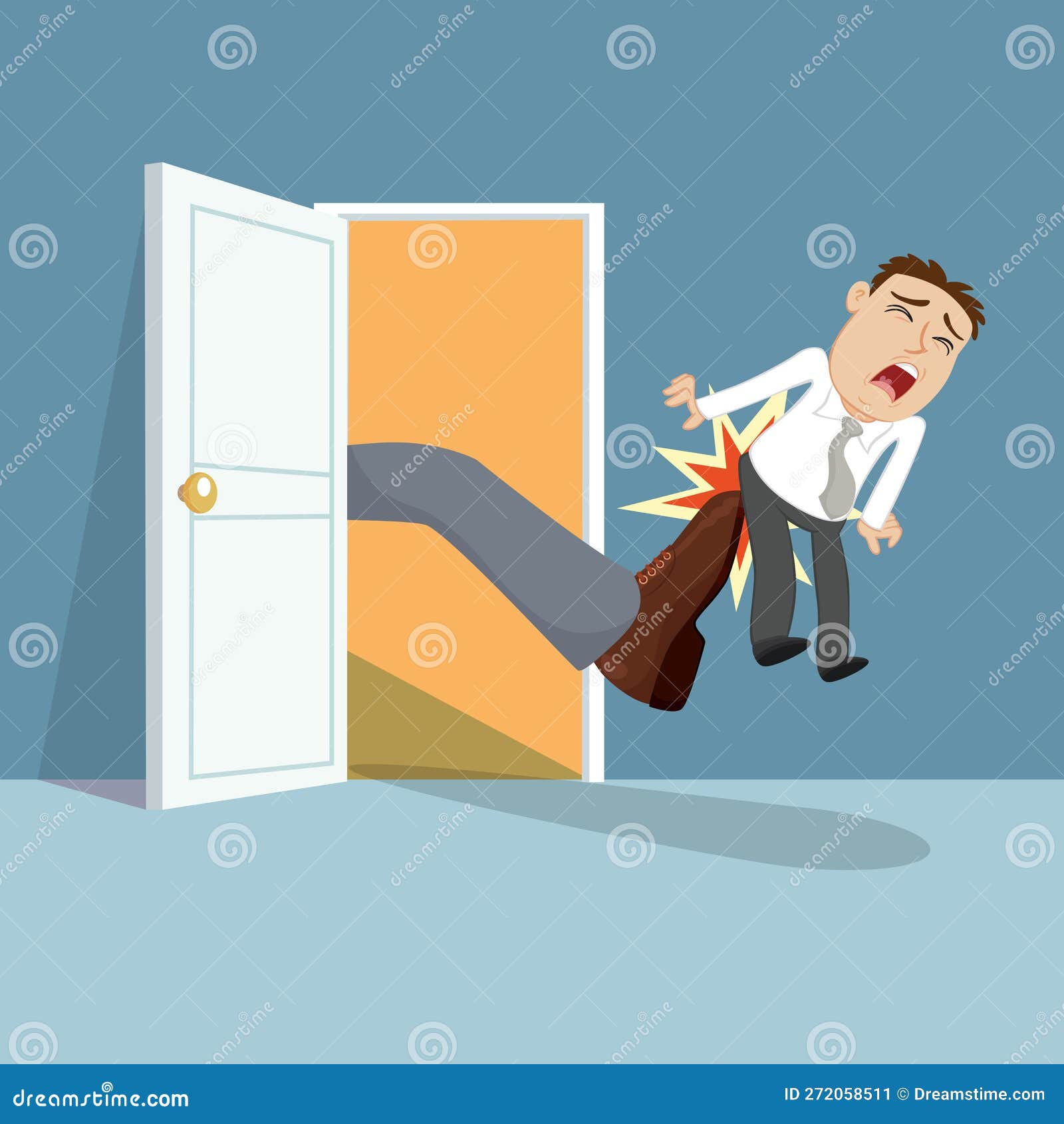 Man being kicked boss employees out Royalty Free Vector