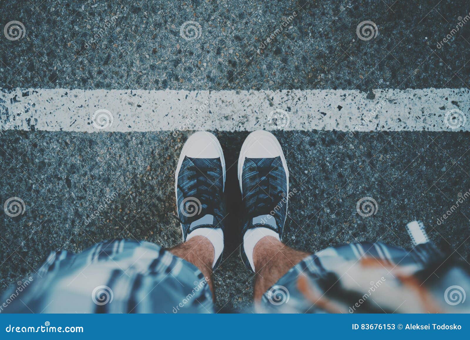 Male Feet Near White Line on Asphalt Stock Image - Image of concrete ...