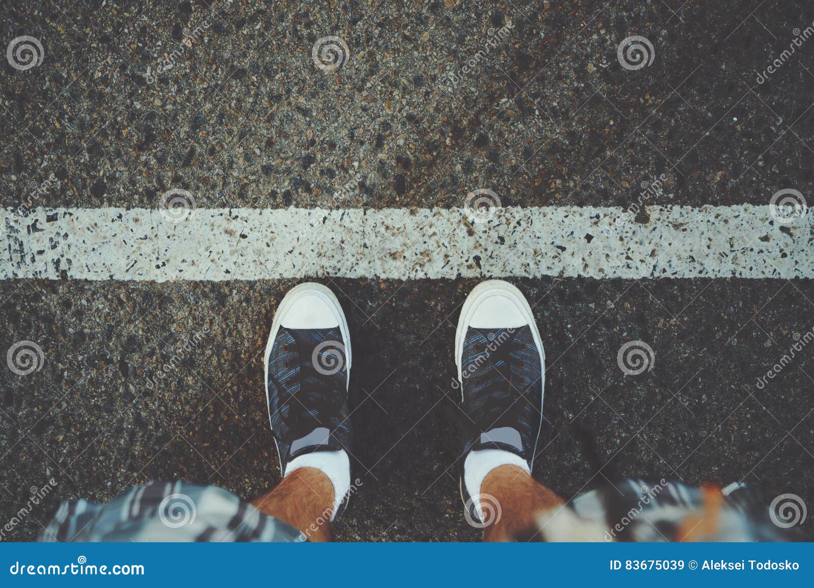 Male Feet Near White Line on Asphalt Stock Image - Image of male, sport ...