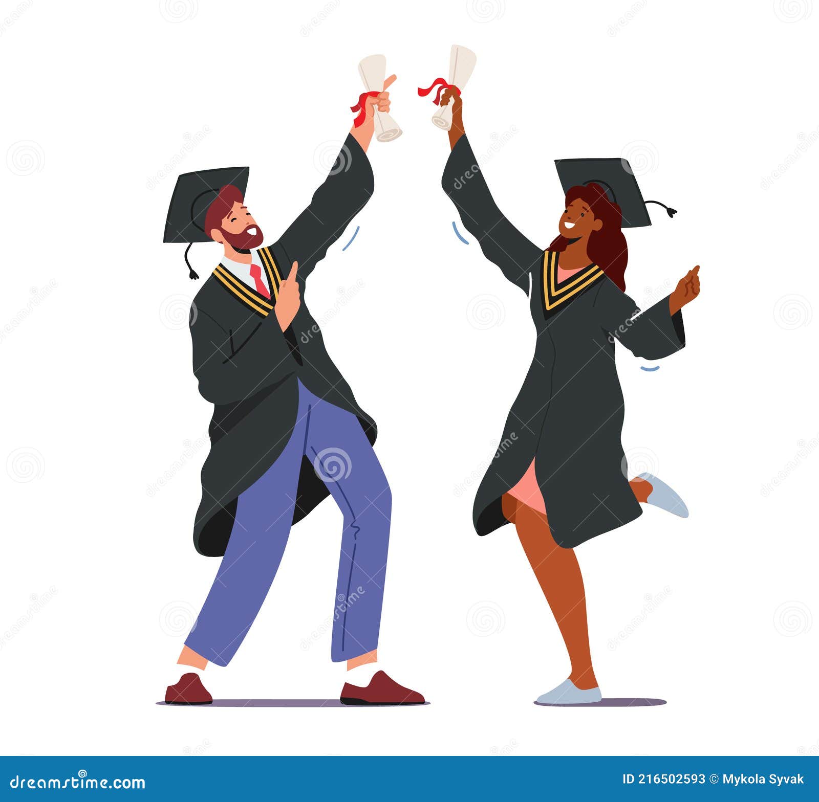male and female alumnus characters graduating university, college or school. cheerful graduates people in academical cap
