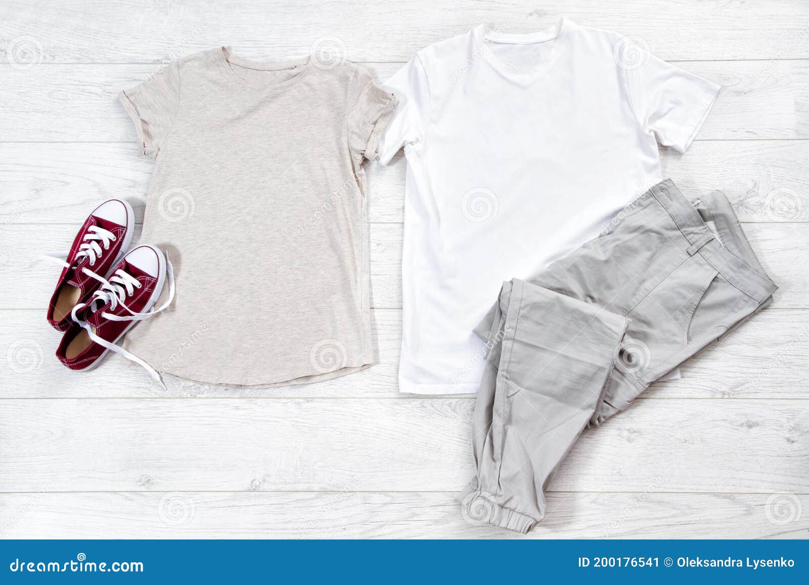 Male and Female T Shirt White and Sneakers. T-shirt Mockup Flat Lay ...