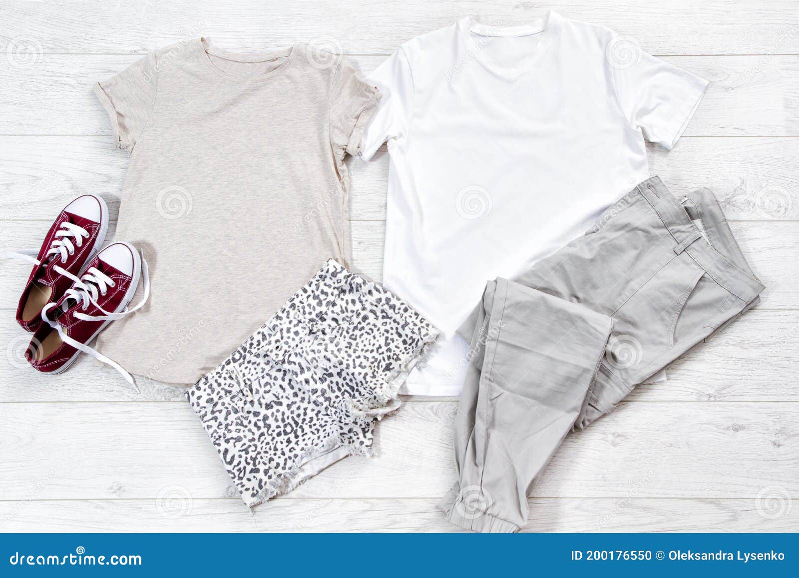 Download Male And Female T Shirt White And Sneakers T Shirt Mockup Flat Lay With Summer Accessories Outfit For Women And Men On Wooden Stock Photo Image Of Jeans Hipster 200176550