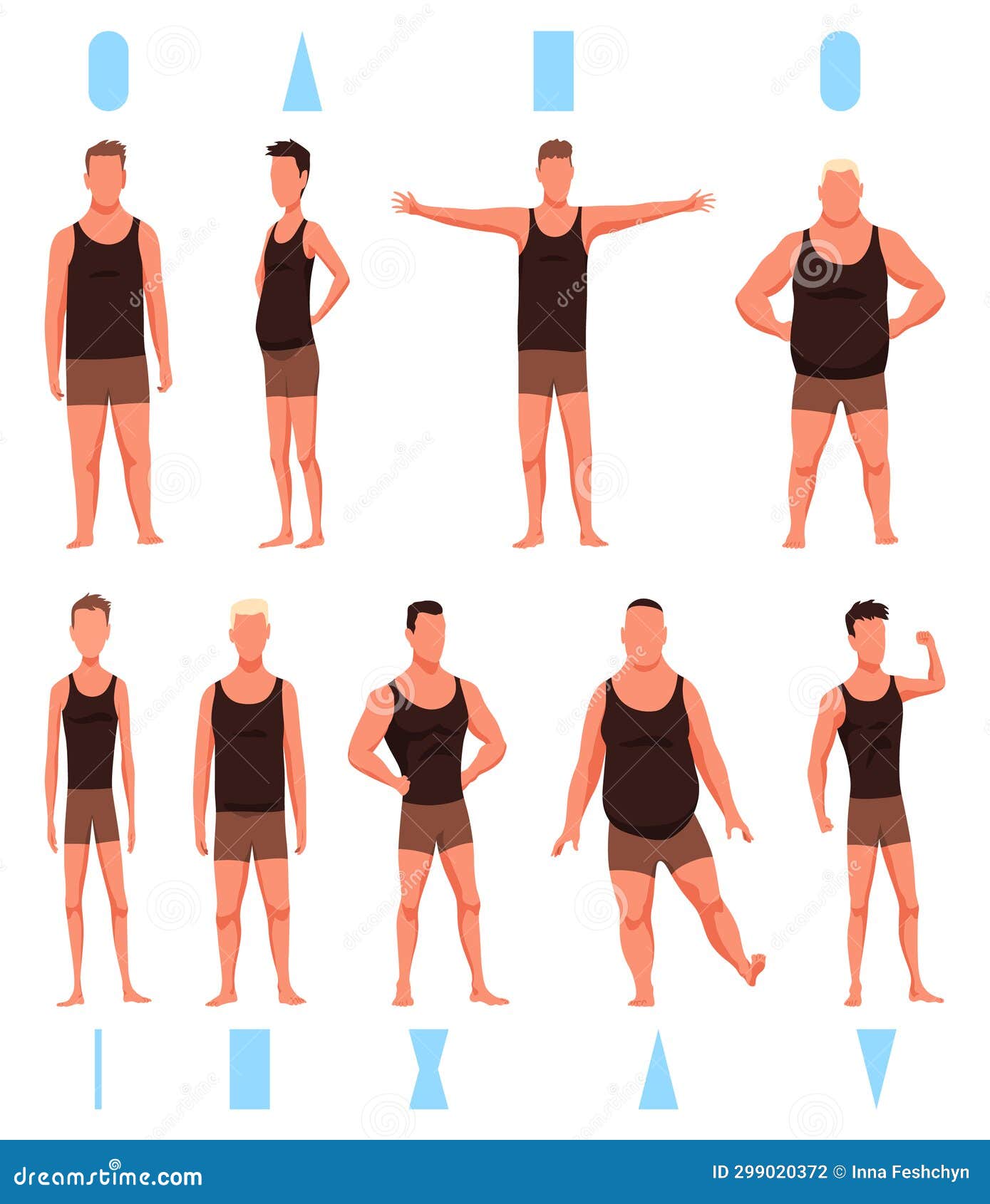 Human body shapes types. Male figures different proportions.