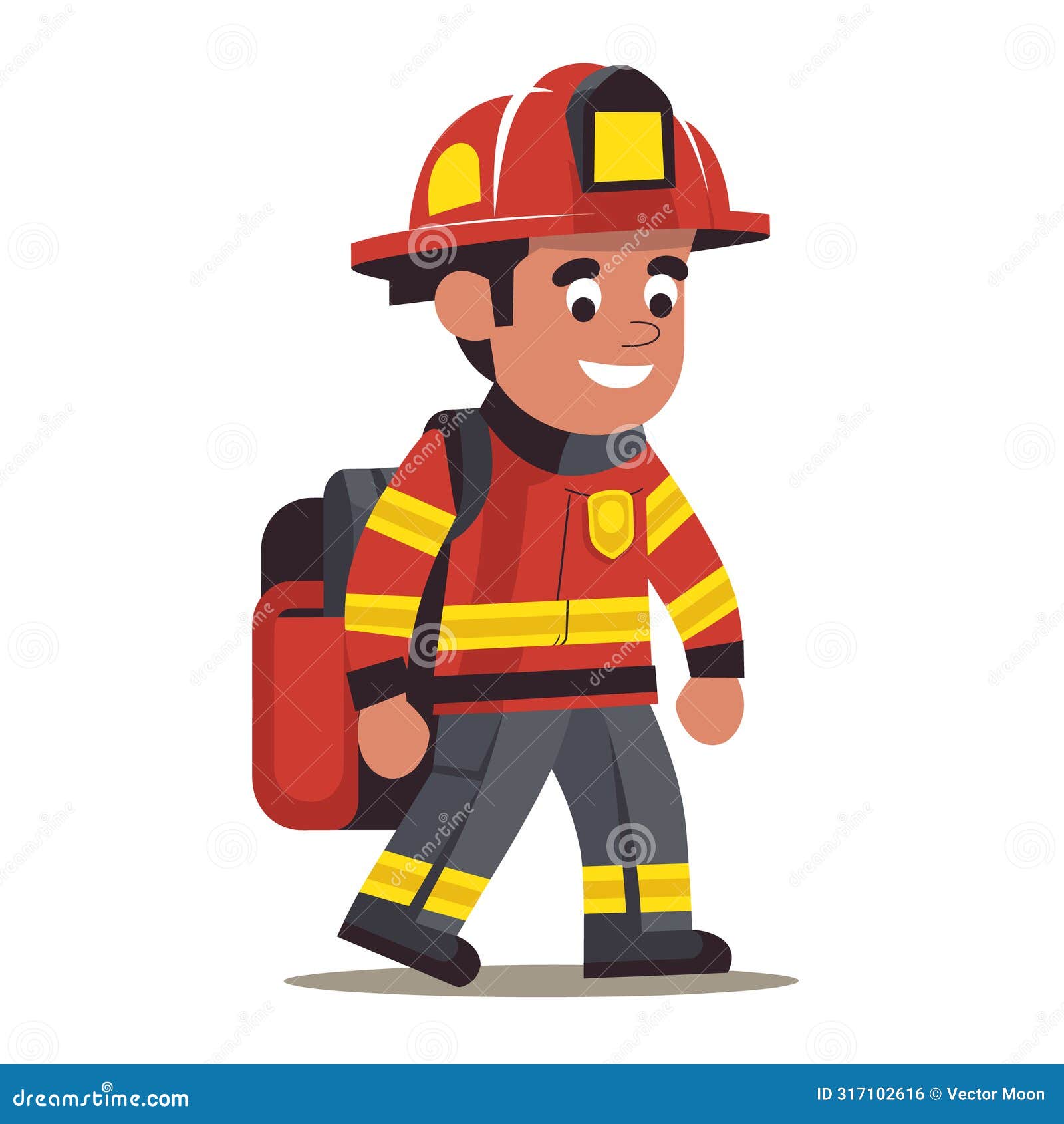 male firefighter cartoon character smiling, walking confidently wearing red helmet, protective