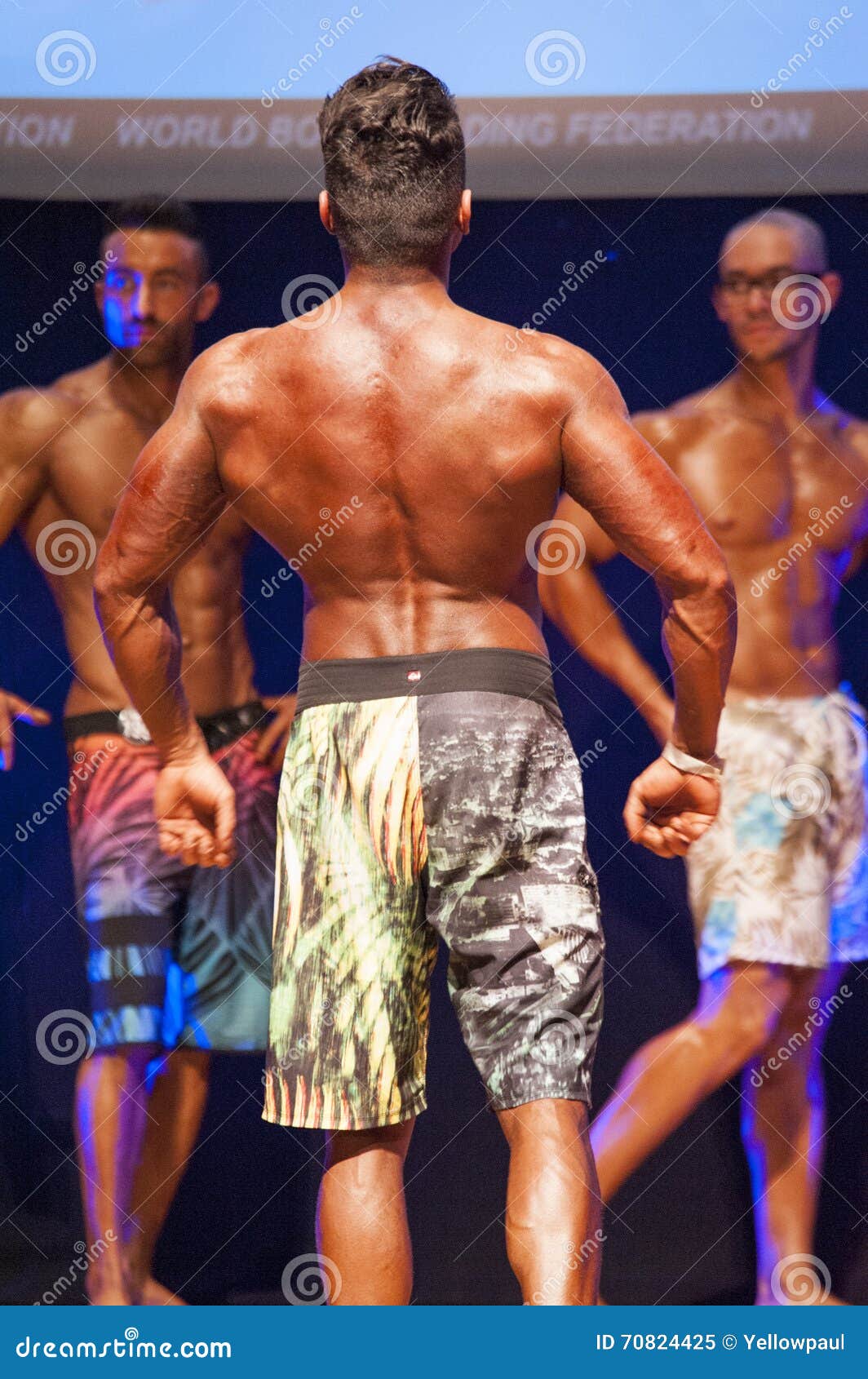 MAASTRICHT, THE NETHERLANDS - OCTOBER 25, 2015: Male Physique Model Ali  Dalili From Iran Shows His Best Back Pose At Championship On Stage At The  World Grandprix Bodybuilding And Fitness Of The